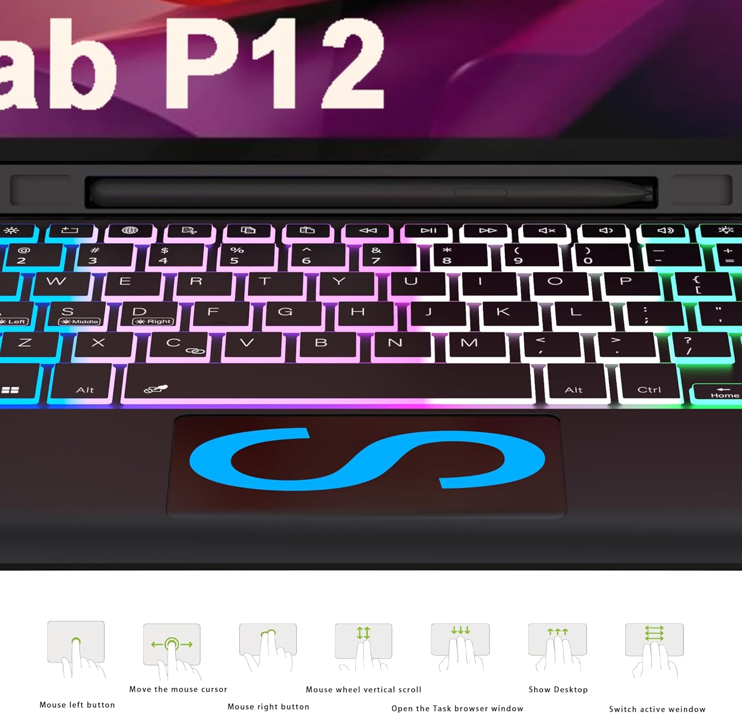 for Lenovo Tab P12 2023 12.7 inch Keyboard Case: 3 Zone 7 Colors Backlit Trackpad Keyboard for 12.7" Lenovo Tablet P12 2023 - Detachable Smart Touchpad Wireless Keyboard Folio Cover with Pen Holder