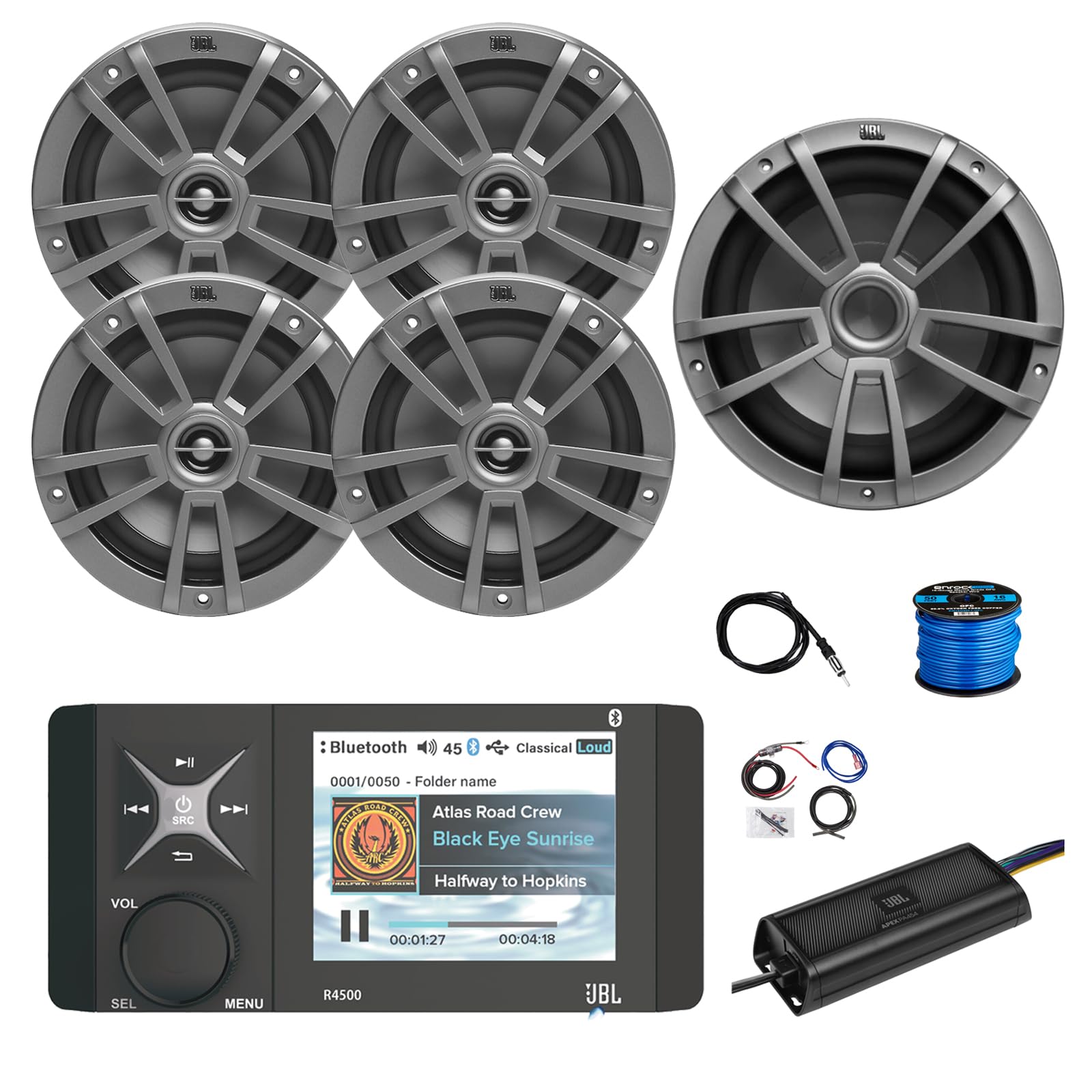 Marine Bluetooth AM/FM/WeatherBand Radio Receiver, 4X 6.5 180 Watt 2-Way Multi-Element Audio Speakers (Gray), Wire, Antenna, 10