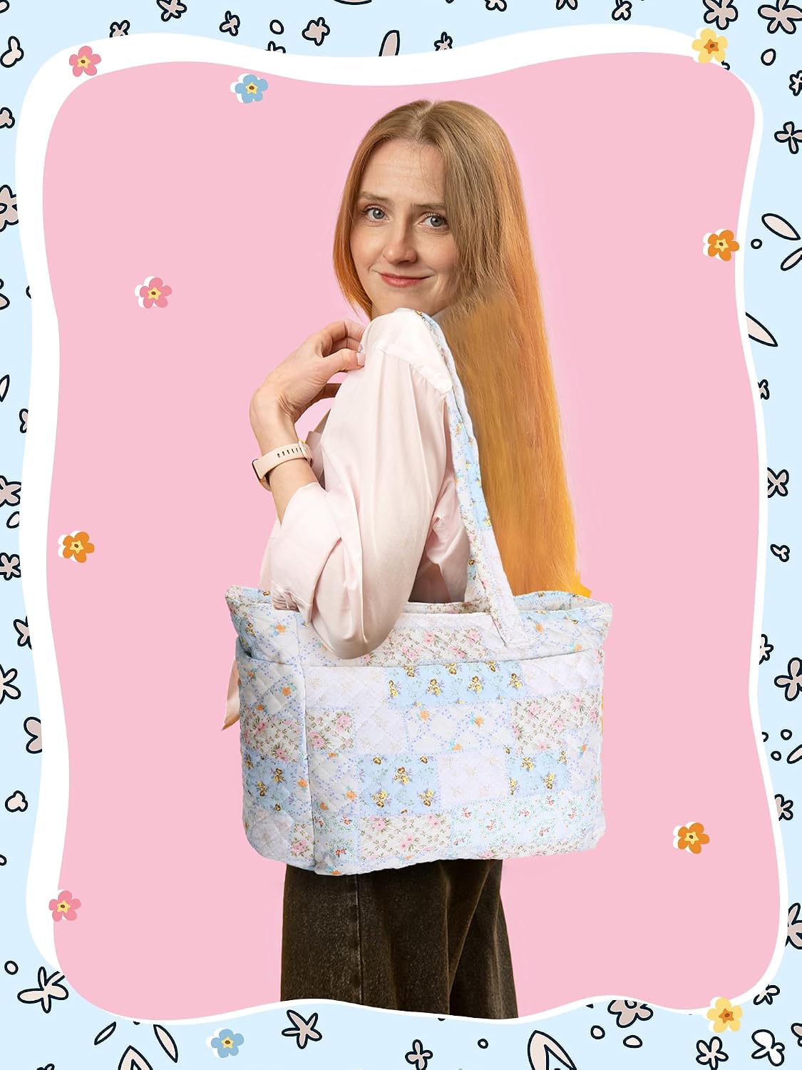 Women Blue Floral/Pink Bow Tote Bag Lightweight Puffy Tote Bag with Zipper Quilted Shoulder Handbag for Travel Work