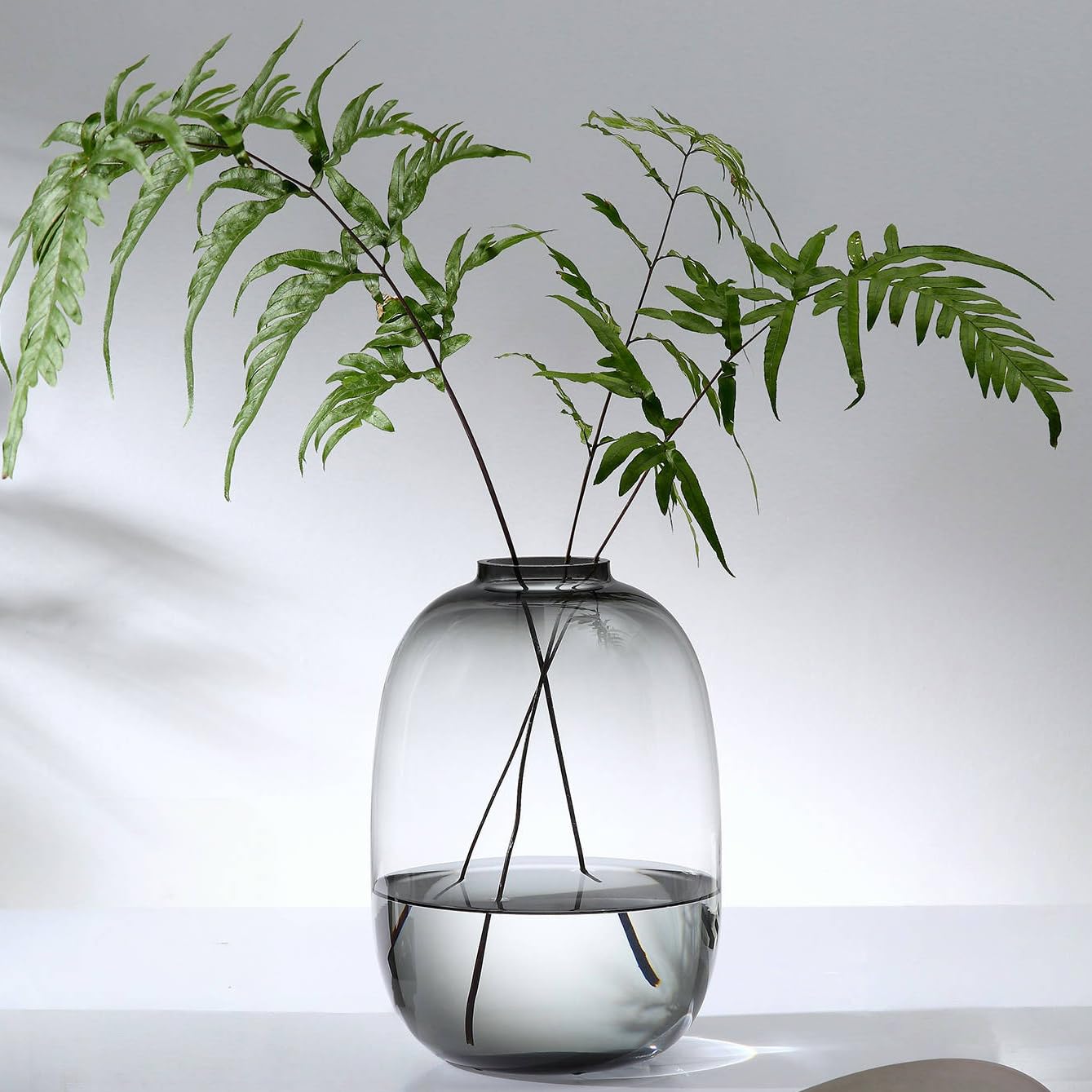 Jarrón de cristal, grandes jarrones ovalados grises, jarrón de vidrio soplado a mano de 10 pulgadas para decoración del hogar, centro de mesa moderno, regalo único (gris, grande)