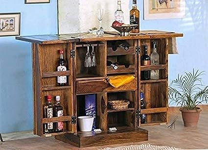 Winntage Solid Sheesham Wood Bar Cabinet Wine Storage Rack Wooden Bar Unit Hard and Soft Drinks Storage Mini Bar for Living Room Guest Room Home and Hotel (Natural Brown Finish) | 1 Year Warranty