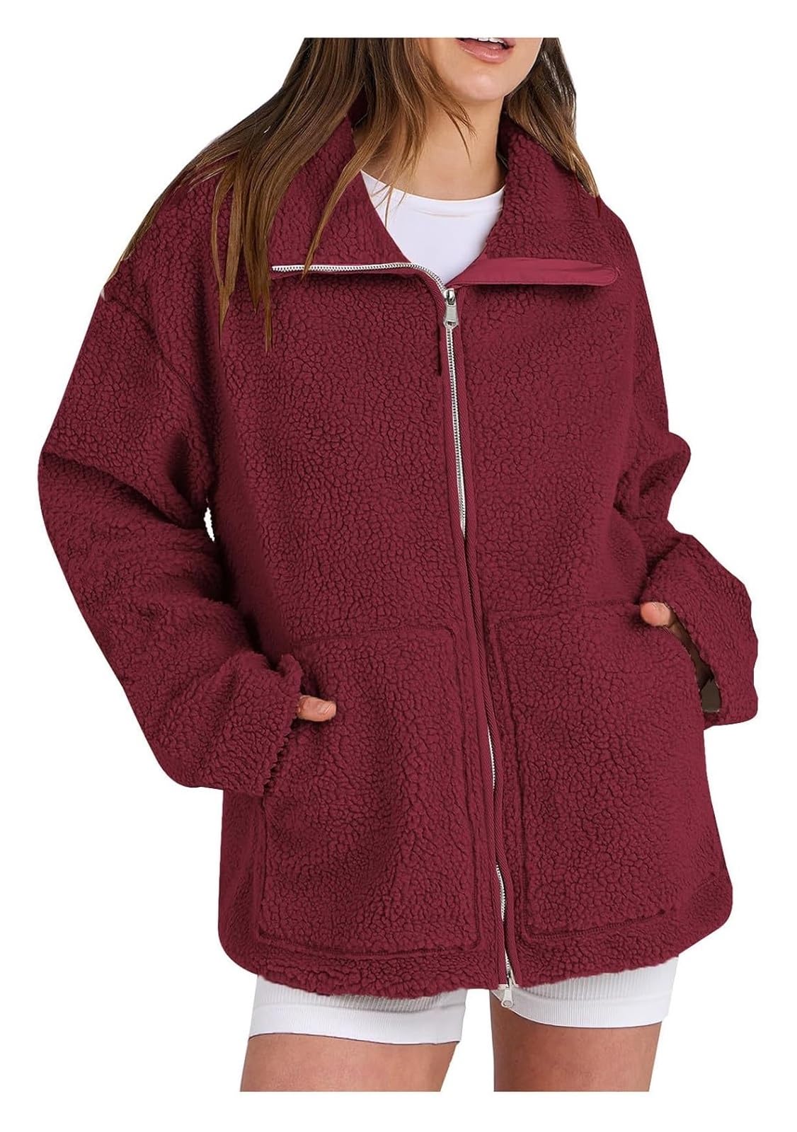 Teddy Jacket Femme Hiver Teddy Veste Polaire Double Curseur Zip Veste D'hiver Loisirs Extérieur Manteau Polaire Manteau D'hiver Thermique Teddy Revers Uni Veste S-XXL