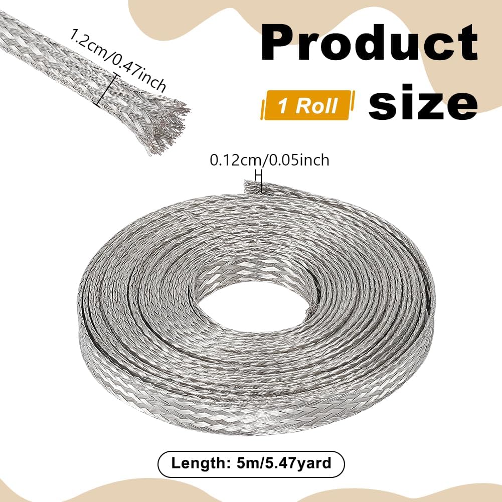 UNICRAFTALE 5m 12mm Wide Braided Sleeving Braid Stainless Steel Cable Wire Shielding Sleeve Ground Straps Protection Flat Metal Mesh Flexible Expandable Scalable Ribbon Wire for Protect Cable