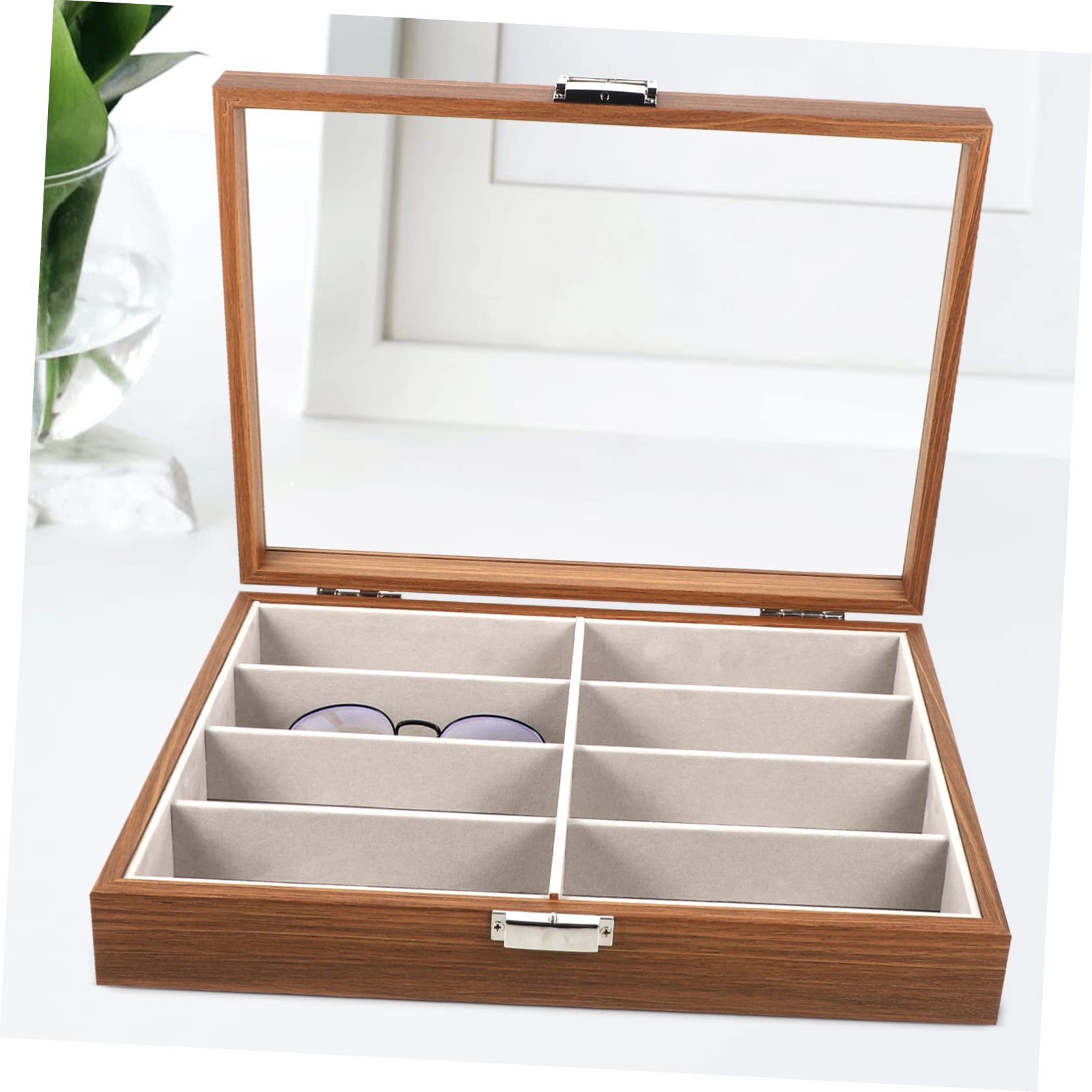 Zerodeko Organizer Porta Occhiali in Legno con 8 Scomparti e Interno in Velluto, Scatola Portaocchiali da Viaggio con Finestra Trasparente, Custodia Porta Occhiali da Sole Portatile