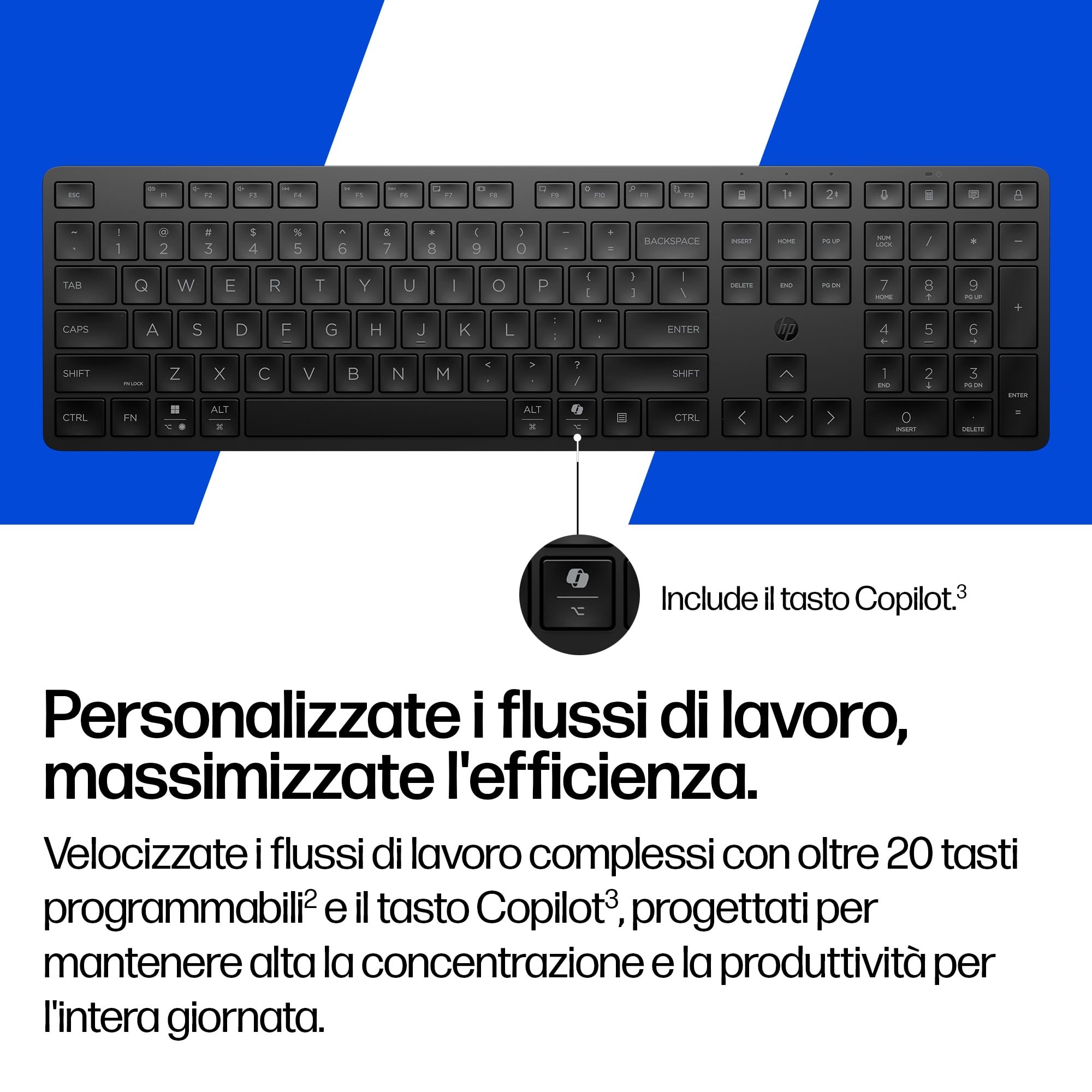 HP 490K Tastiera Wireless Multidispositivo, Connessione Bluetooth e USB, Tasti Silenziosi e Programmabili, 22 Tasti, Tasto Copilot, Compatibile con Windows, macOS, iOS, Android, QWERTY Italiano, Nero