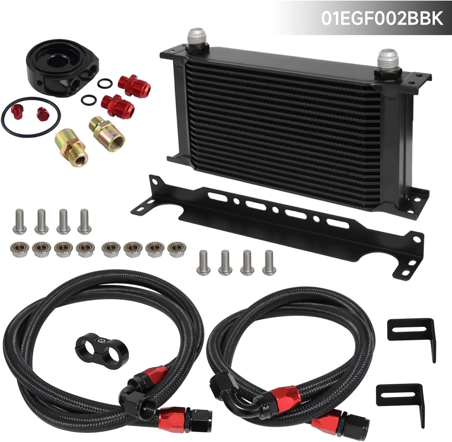 Universal 19 Row AN10 Engine Transmission Oil Cooler Kit with Oil Filter Sandwich Plate Adapter, Oil Cooler Mounting Bracket and Hose Line Kit