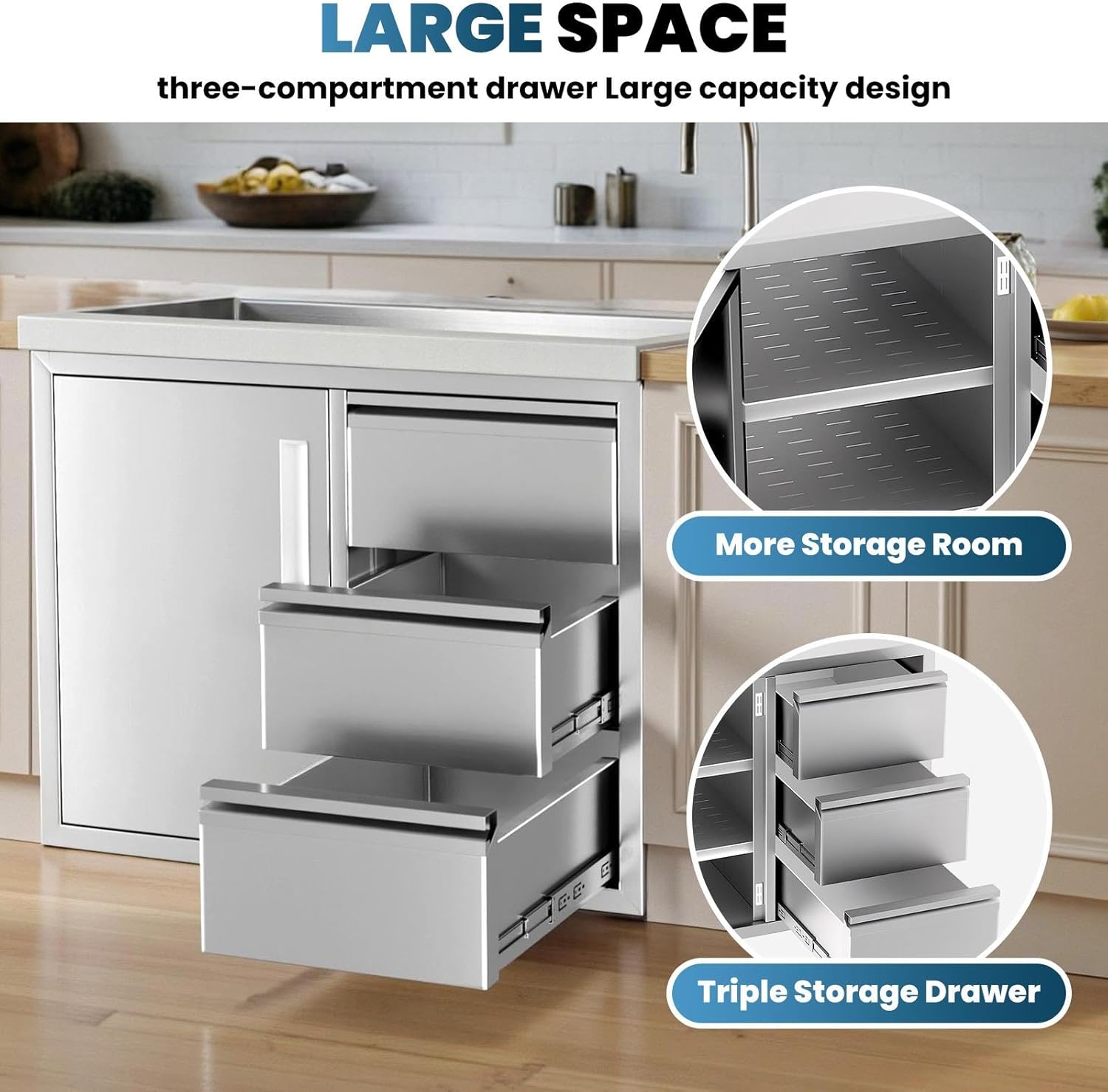 Stainless Steel Outdoor Kitchen Drawer Combo Cabinet with Triple Drawers & Access Door, Storage Solution for BBQ Island & Outdoor Cooking (28" W x 22" H x 19.5" D)