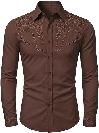 Mens Cowboy Shirt Embroidered Western Shirts Long Sleeve Slim Fit Button Down Shirt Casual Work Country Rodeo Outfit