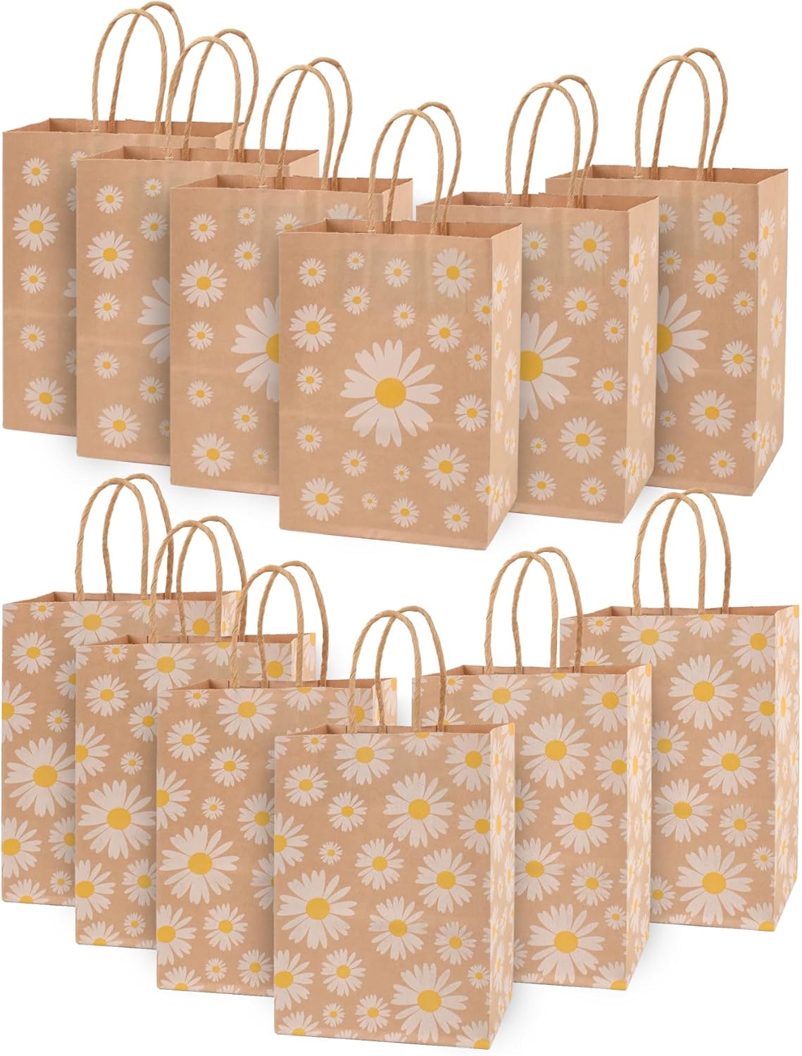 VYNYJOAN 12PCS Daisy Gift Bags Groovy Daisy Treat Bags, 8.3”x5.9”x3.1” Boho Kraft Paper Bags with Handles