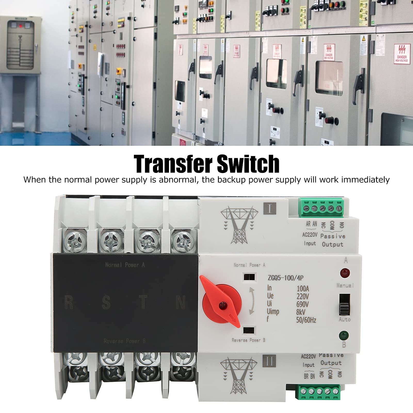 4P 220V Switch di Trasferimento, Commutatore di Trasferimento in Plastica Ignifuga Controllore Dell'interruttore di Trasferimento Automatico a Doppia Alimentazione ZGQ5-100