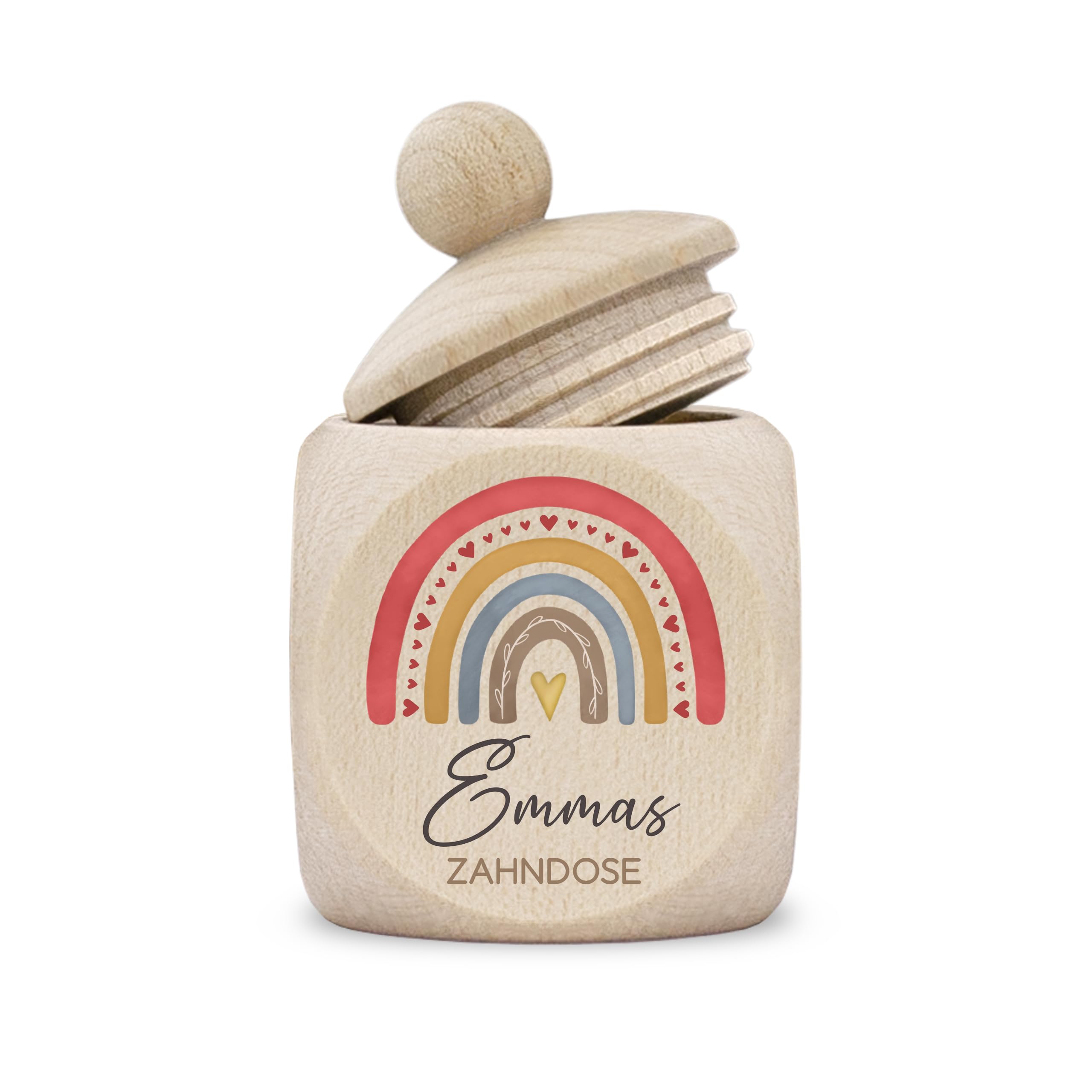 kultdog Zahndose Milchzähne Junge modern Dose Holz personalisiert Druck Name Regenbogen Aquarell rot