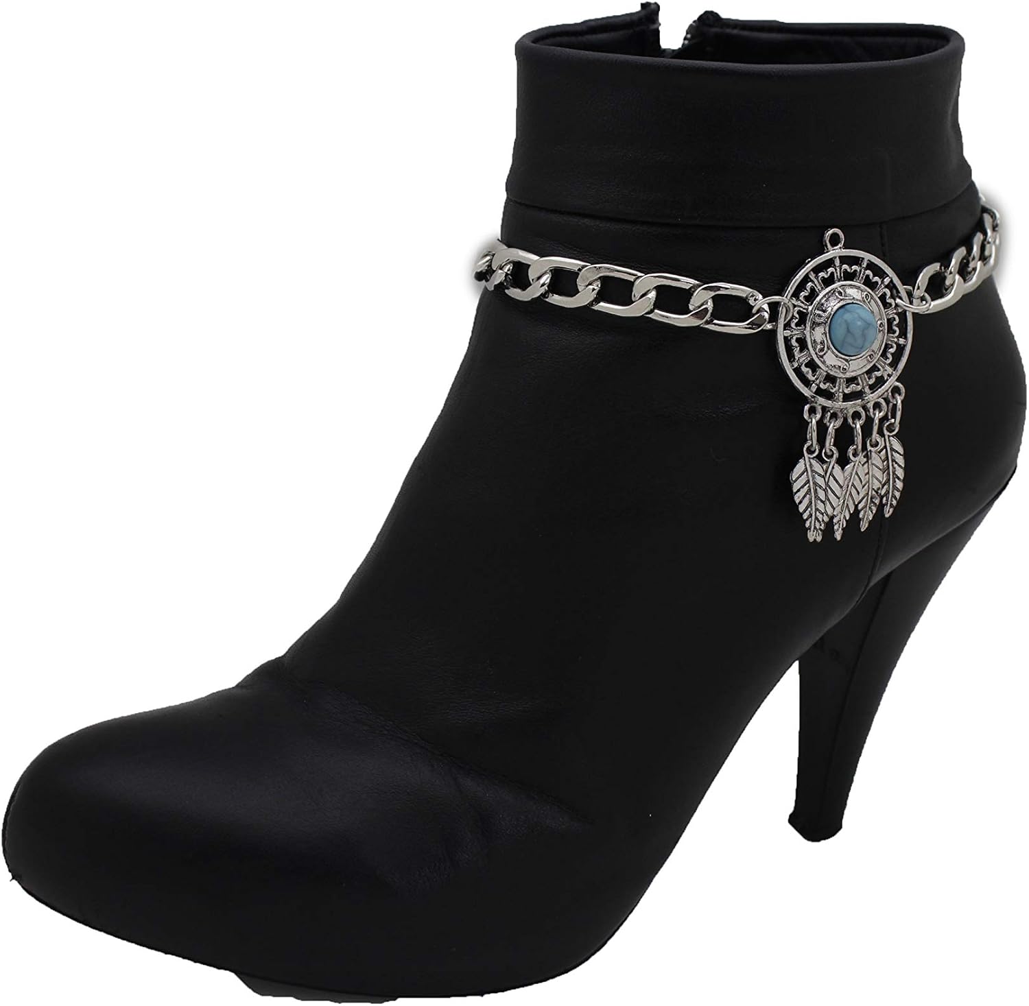 TrendyFashionJewelry TFJ Women Band Boot Silver Metal Chain Bracelet Turquoise Blue Bead Shoe Feathers Charms