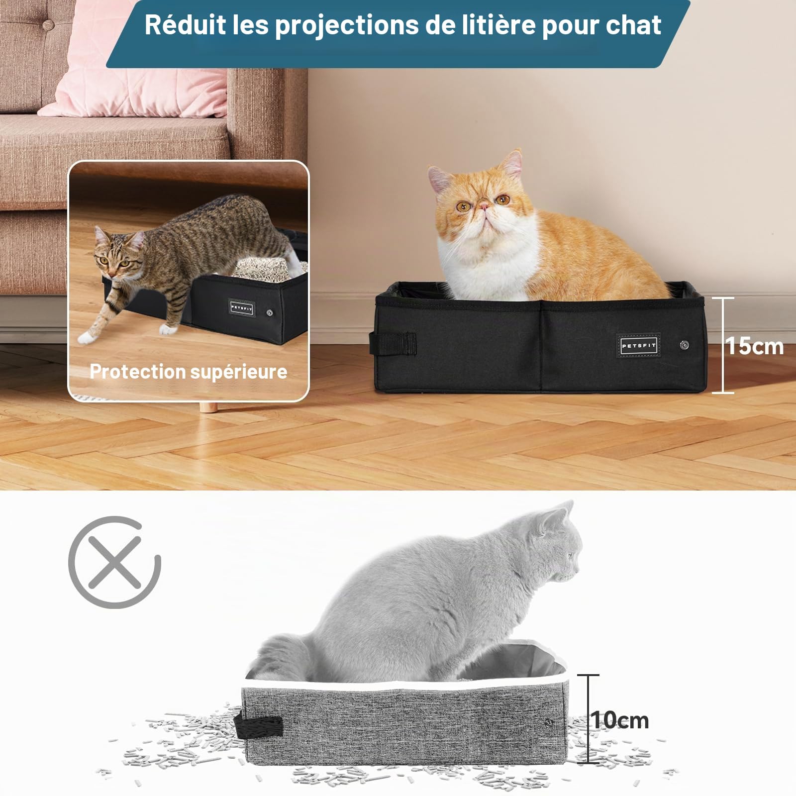Petsfit Portable Litiere de Voyage pour Chat Pliable, Super étanche, Robuste et Durable, Lavable Bac à Litière transportable Chat pour Maison, Hôtel, Camping,XL Voiture, Bureau