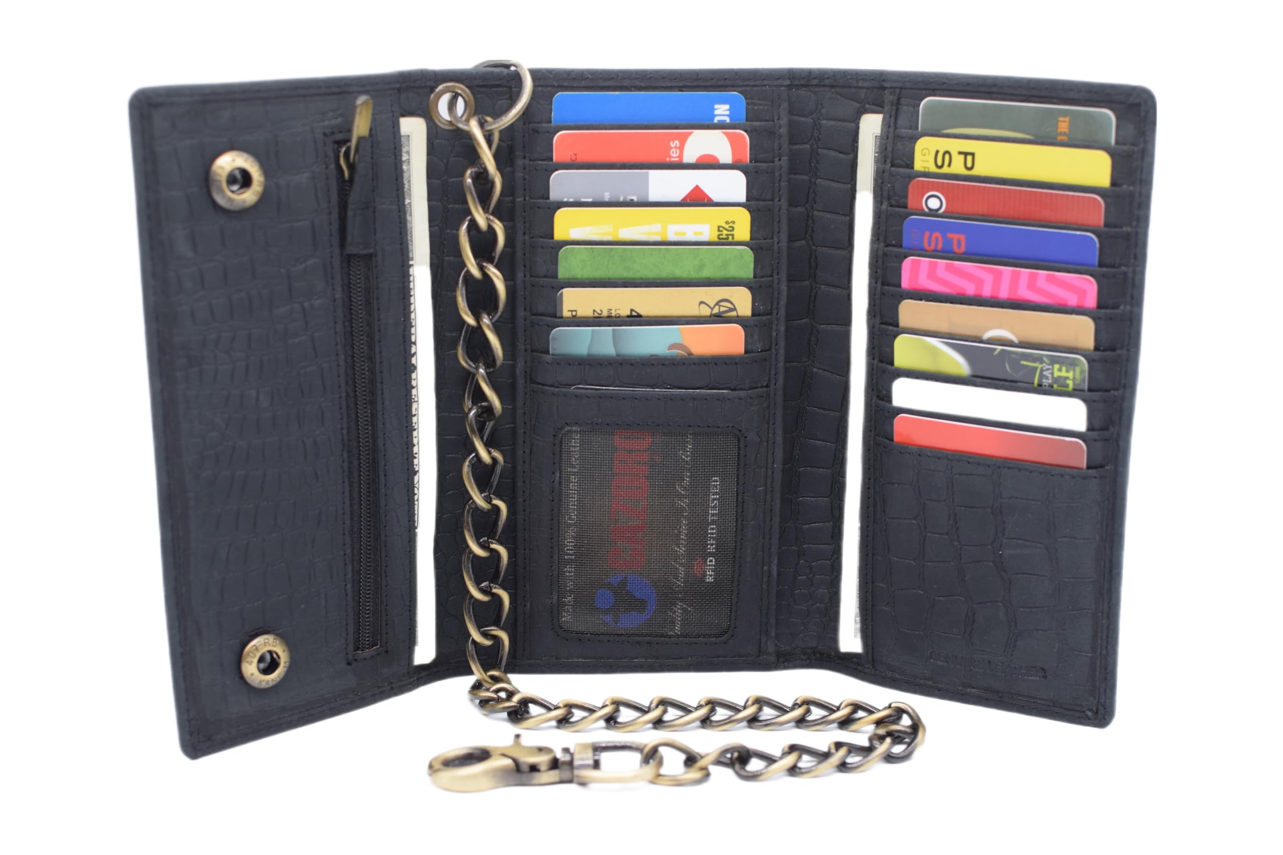 RFID Blocking Mens Tri-fold Long Style Crazy Horse Leather Steel Chain Wallet, (Croco Black)