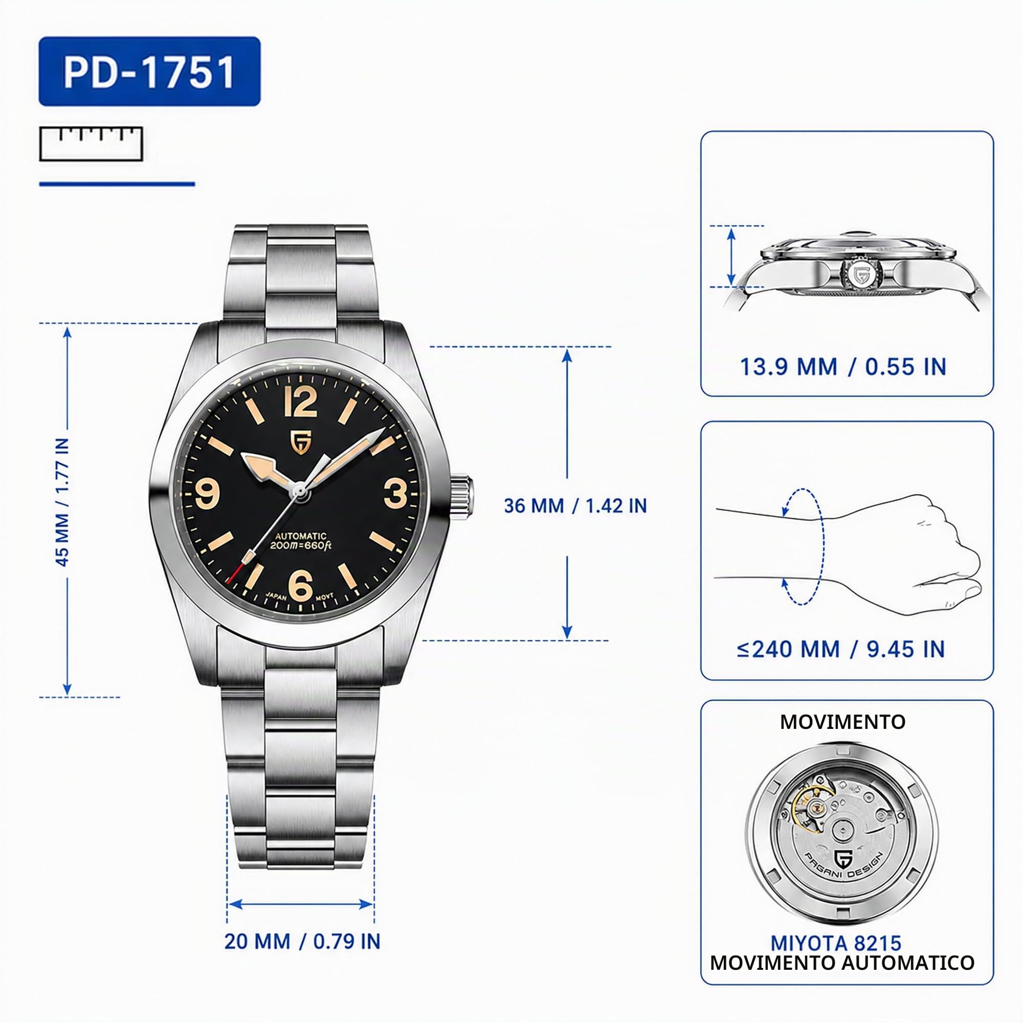 Pagani Design Watches for Men Automatic Mechanical Movement Dive Sapphire Sports Orologio da polso impermeabile in acciaio inossidabile