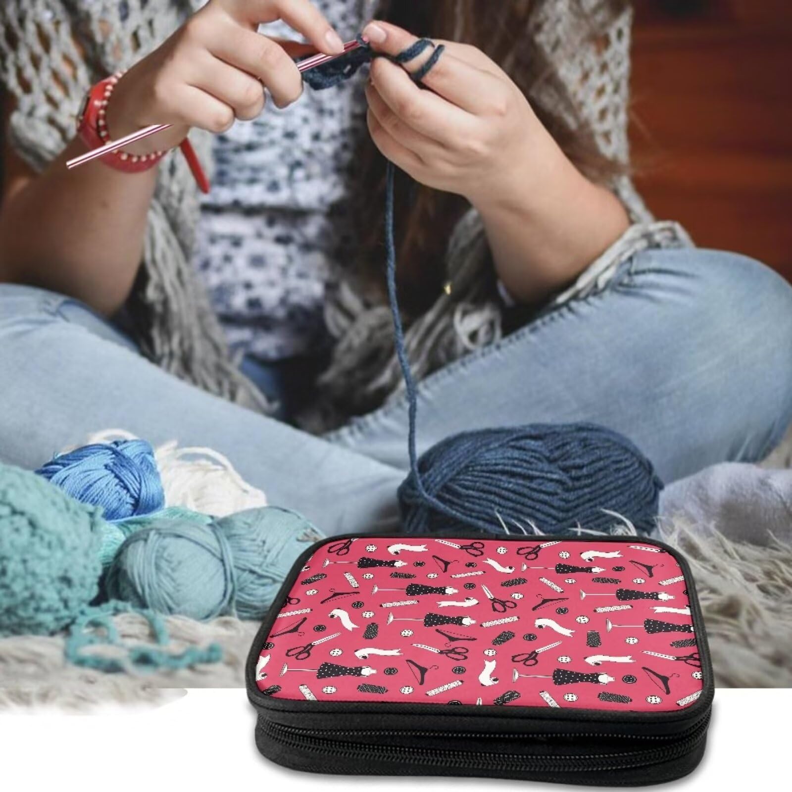 YUVAMAGIMO Sewing Tools Knitting Needle Zipper Organizer with Mesh Pocket Portable Crochet Hook Case Travel Storage Bag for Various Crochet Needles and Accessories Gift for Tailoring Enthusiast