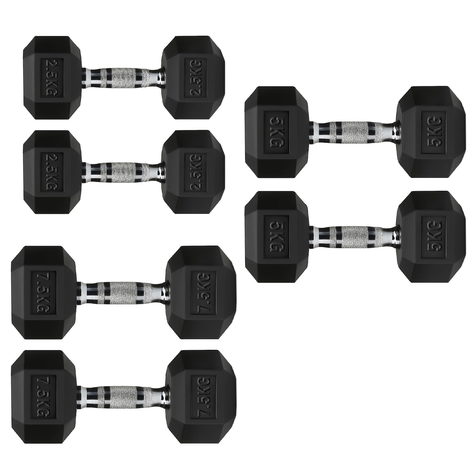 Hex Dumbbells Rubber Coated Cast Iron, Knurled Metal Handles, Anti-Roll Hex Design for Home Gym Strength Training and Weight Lifting, 1kg to 30kg Pairs and Sets (2.5 to 7.5kg Set- 2.5kg Increment)