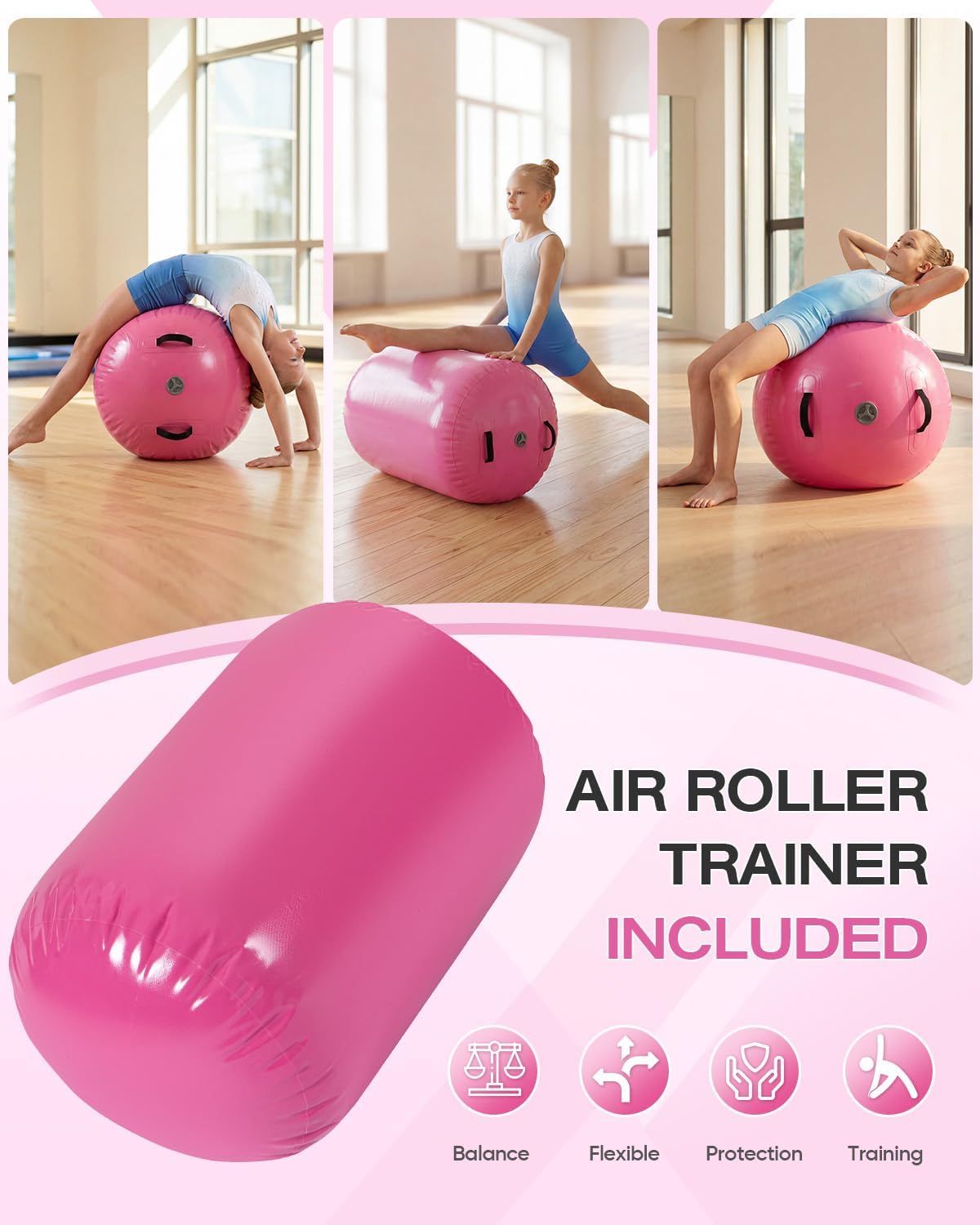 10ft Gymnastics Mat with Air Roller Tumbling Barrel Back Somersault Backbend Trainer for Inflatable Gymnastics Springboard Back Handspring Equipment, with Electric Pump