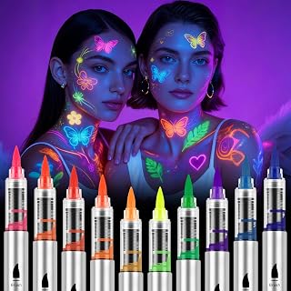 AOOWU Brilliant Neon Face Paint UV, 10 Pcs Colored Tattoo Waxes, Non-Toxic Wax Neon UV Pen for Adults and Kids, Body Paint Paints for Halloween, Mardi Gras, Fancy Dress Party