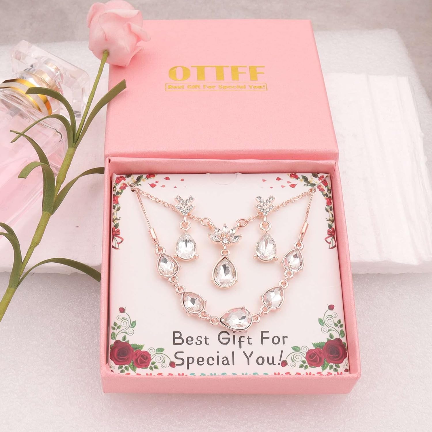 Dainty Teardrop Bridesmaid Jewelry Set for Women 1-4-6-8 Sets 18K Gold & Rose Gold & Silver Plated Pave Rhinestone With Crystal Necklace Earrings Bracelet Set Gift for Wedding/Engagement/Anniversary