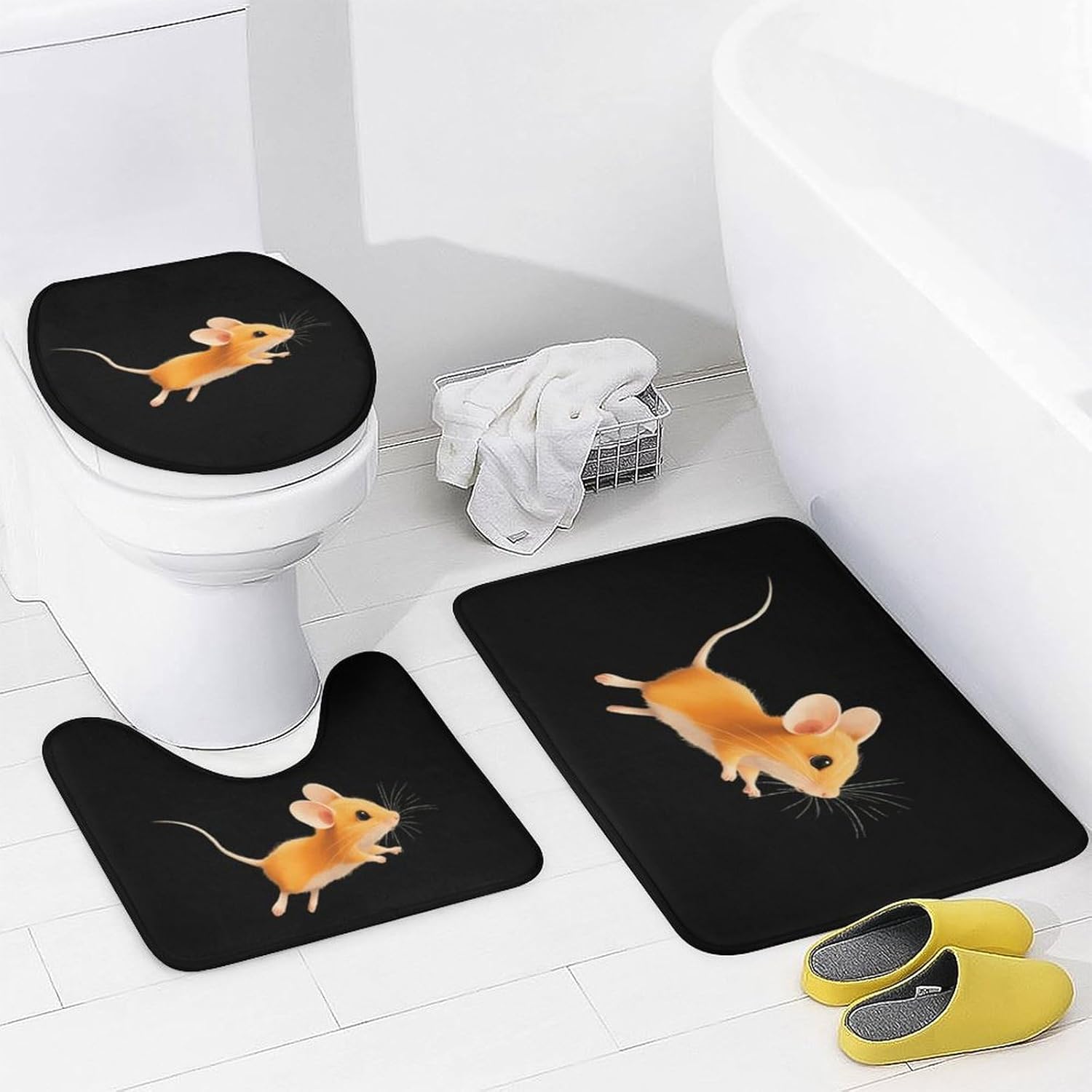 Jumping Mouses Modern Bathroom Sets with Shower Curtain and Rugs Decor 4 Pcs with 12 Hooks