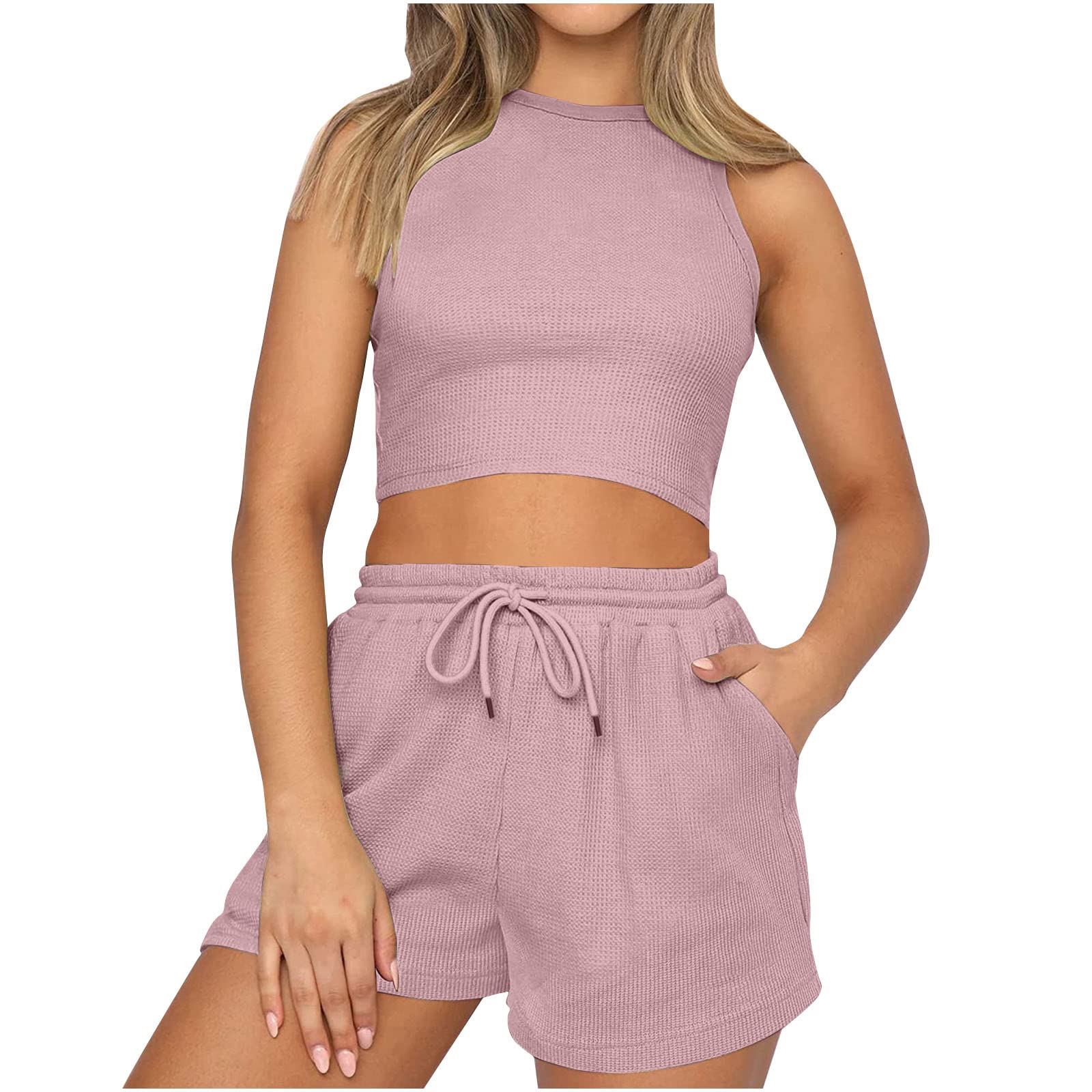 Two Piece Workout Outfits Womens Lounge Athletic Shorts Sets 2 Piece Sleeveless Crop Top High Waist Shorts Activewear