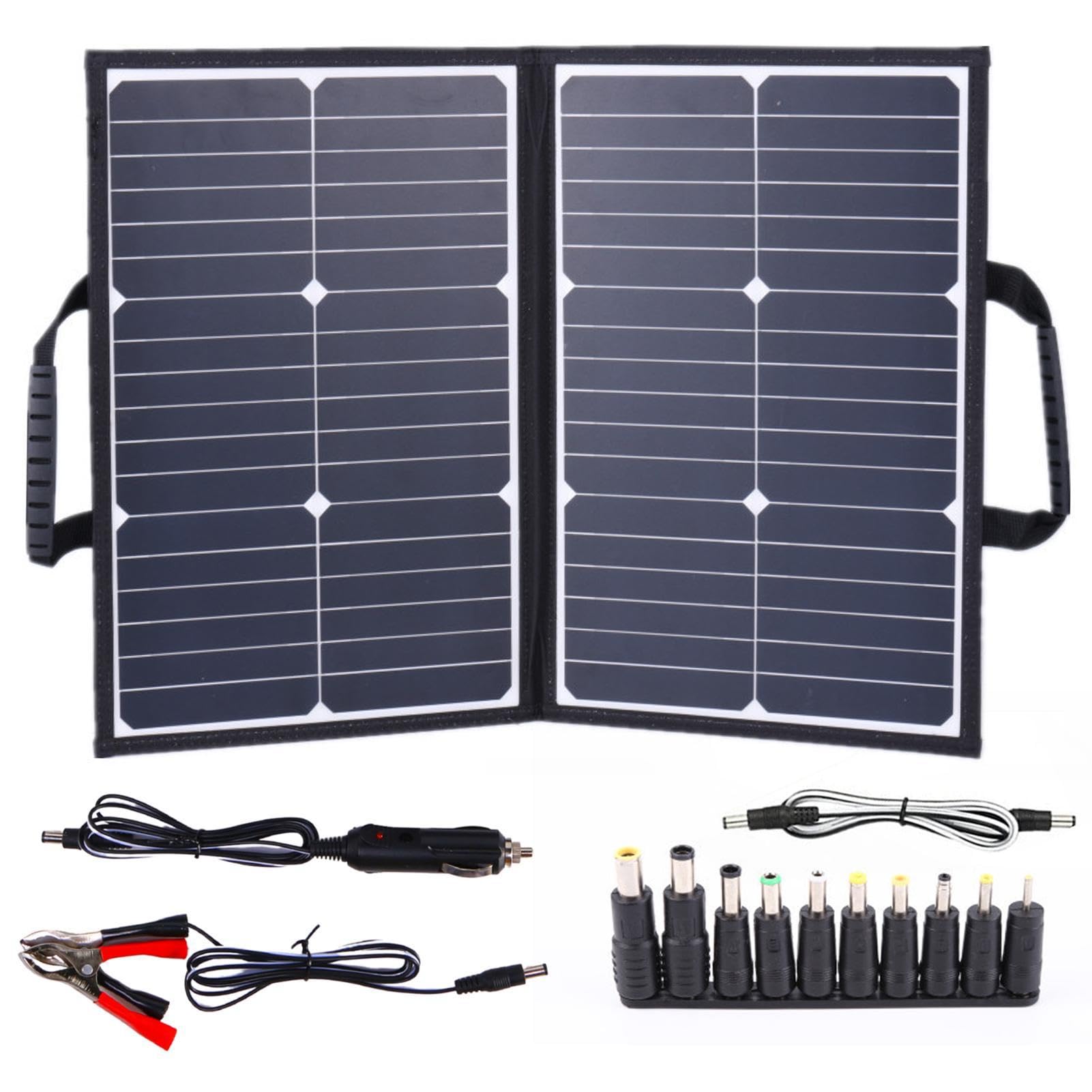 Kit di pannelli portatili,Caricatore solare pieghevole da 60 W con | morsetto per batteria e cavo CC | Kit pannello solare per campeggio, camper, marina, telecamera con 2 uscite USB