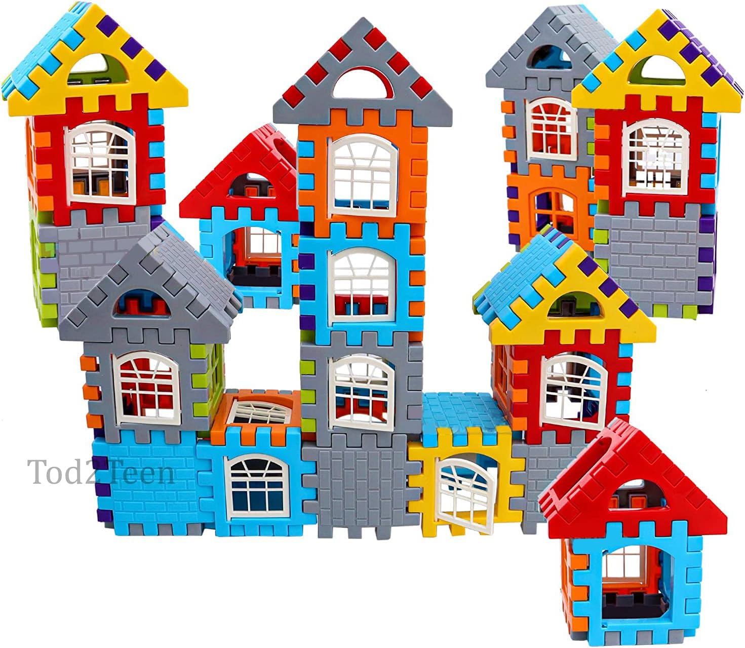 Medium House Building Blocks with Movable Windows, Indoor Brain Games, Motor Skills, Imagination, Creativity Small Blocks Toy Set for 3+ Year, Multicolor