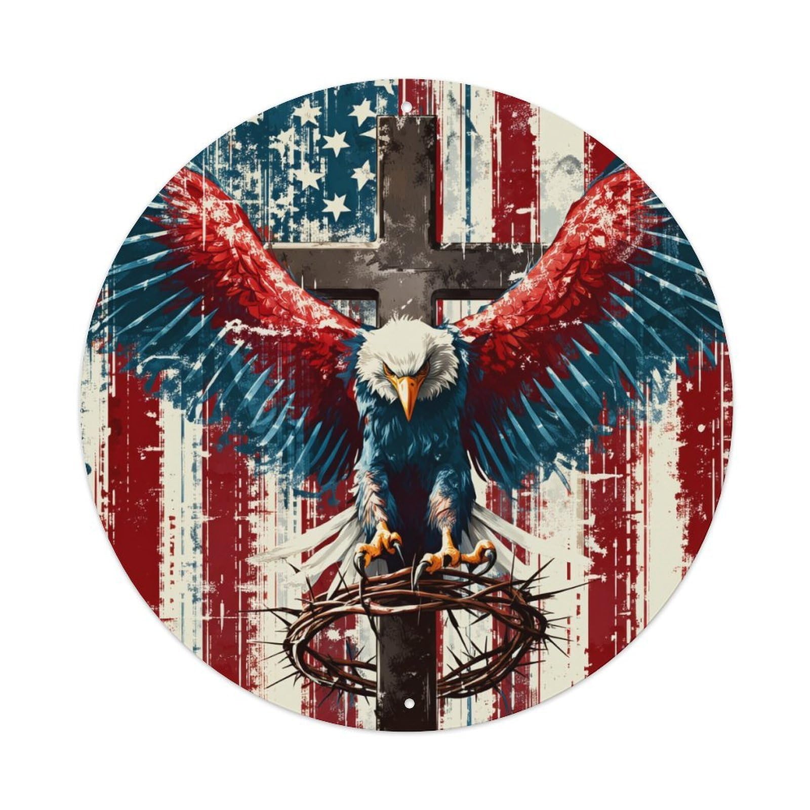 American Eagle Cross Flag Crown Round Tin Sign Vintage Metal Poster, Home Bar Garage Man Cave Cafe Indoor & Outdoor Wall Decoration 8x8Inches