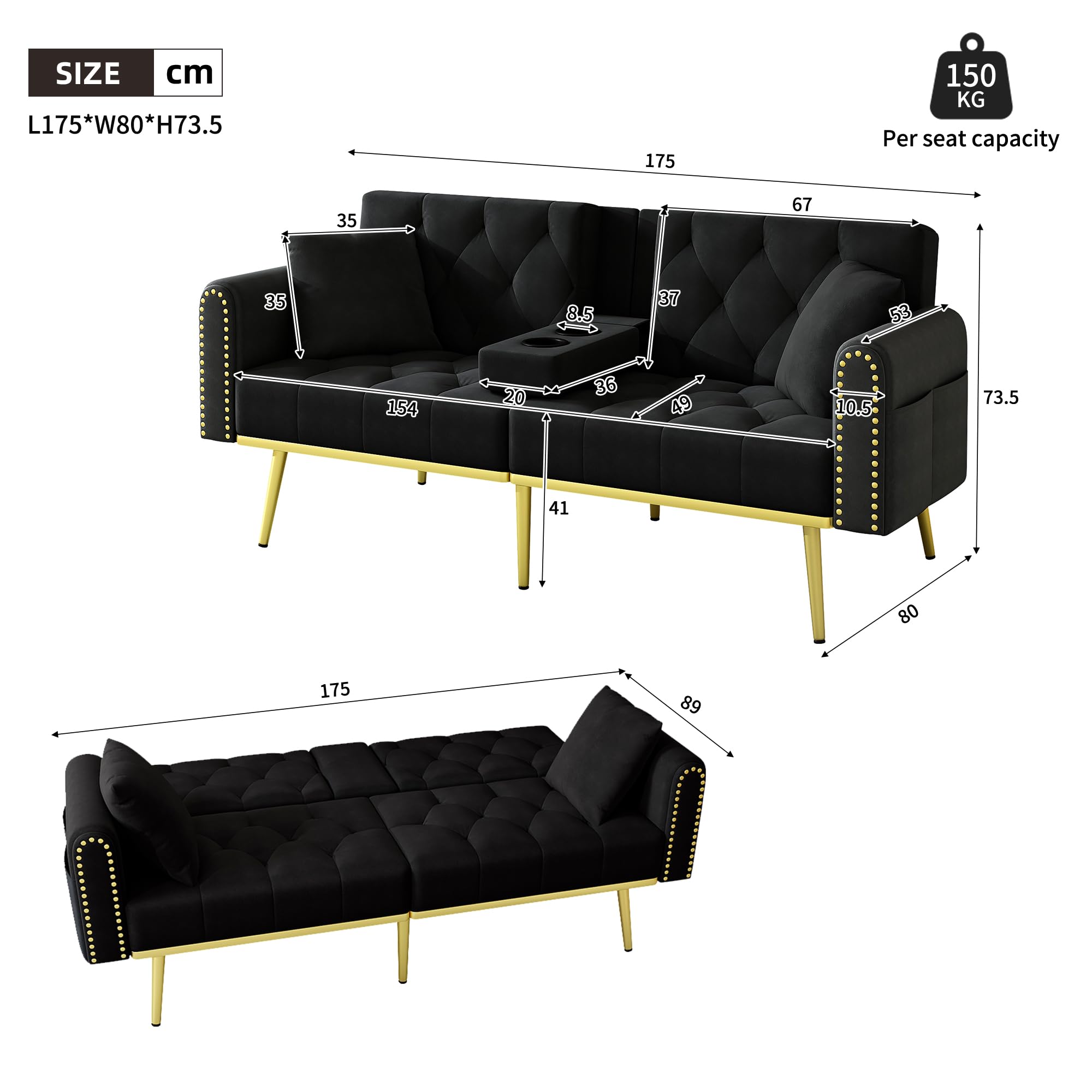 Sofá cama de 2 plazas con respaldo ajustable, moderno sofá tapizado con patas doradas, puertos USB, soporte para teléfono móvil, sofá plegable multifuncional para salón (negro)