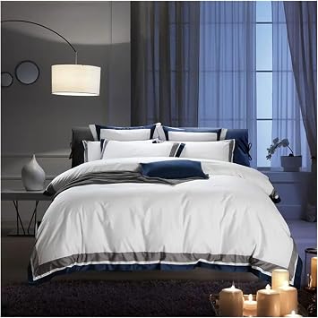 Bed, Luxury Hotel Style 100% Cotton Bedding Set Duvet Cover Sheet Pillowcase King Queen Size White Gray Blue Silk Ribbon Bed Linen