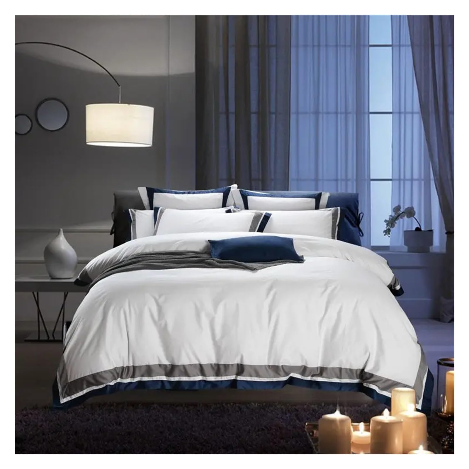 Sbcgfy E Luxury Styl Cotton Bedding Set Duvet Cover Sheet Pillowcas King Queen Siz Whit Gray Blu Silk Ribbon Bed Linen,Cotton Duvet,-King Siz 4Pcs