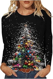 Christmas Shirts for Women Trendy Glitter Xmas Tree Graphic Crewneck Long Sleeve Blouses Loose Casual Ugly Funny Tops