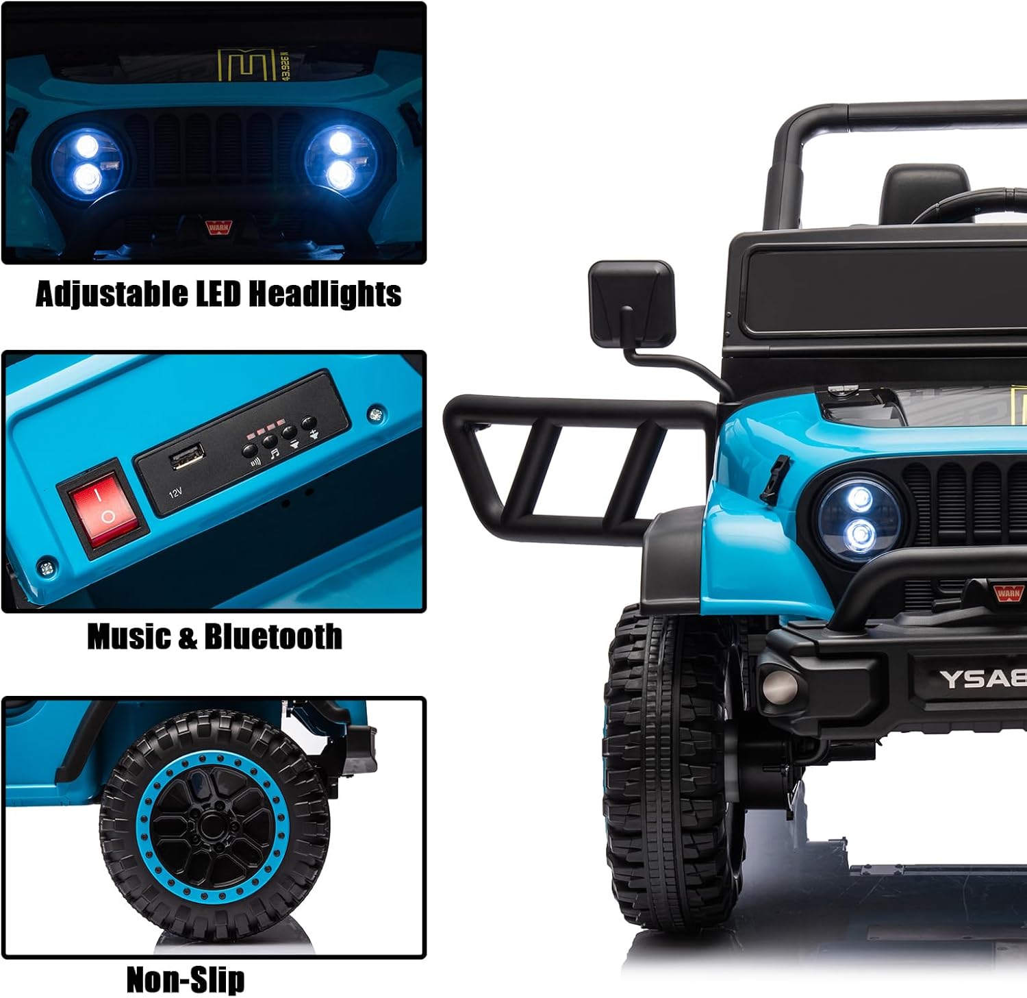 POSTACK 24V Ride on Toy for Kids, Off-Road Electric Vehicle with Parental Remote Control, 1 Seater Ride On Car Truck, Battery Powered Electric Cars for Toddlers,w/Bluetooth, Music, LED Lights, Blue