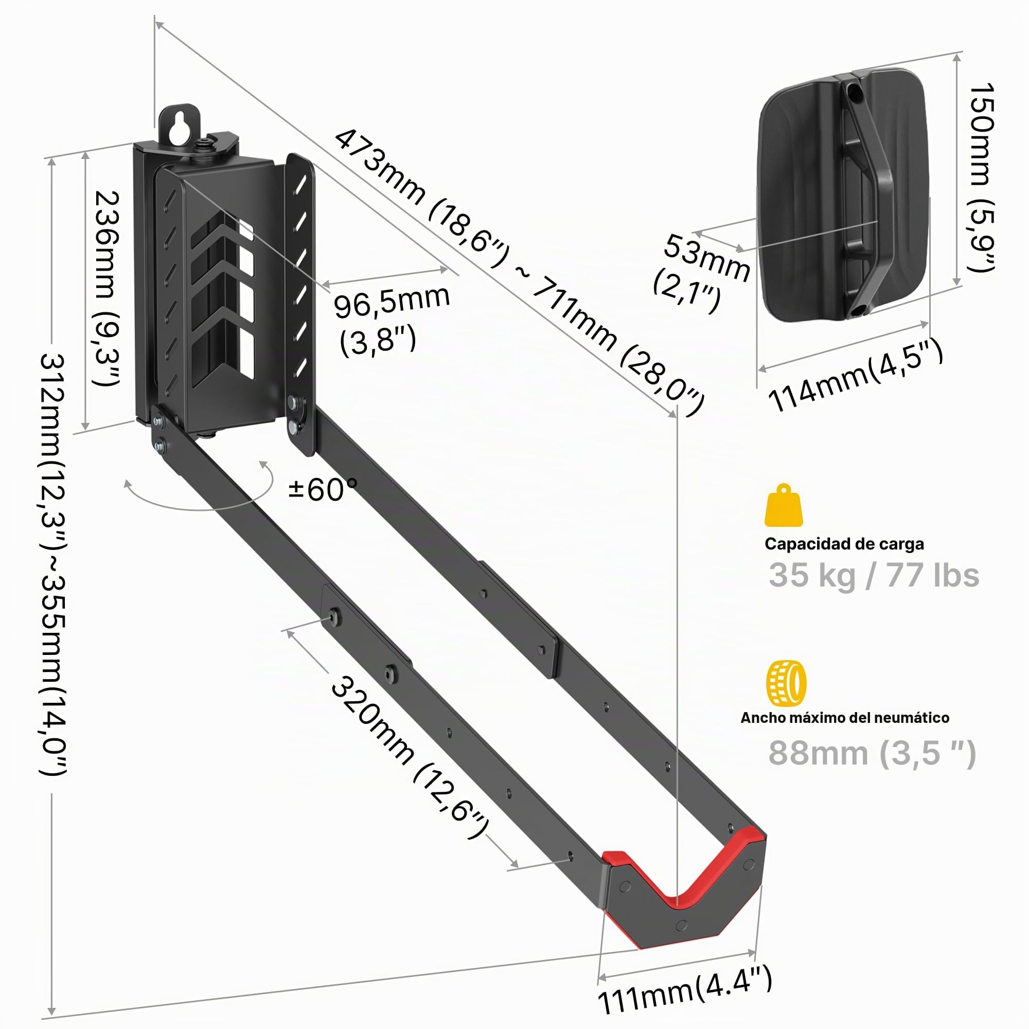 monTEK Soporte de Pared Giratorio para Bicicleta, Colgador Bicicleta Pared Ajustable y Plegable, Diseño de Elevación Fácil, Soporte de Bicicletas Ahorra Espacio para Garaje, hasta 35 kg, 2 Paquete
