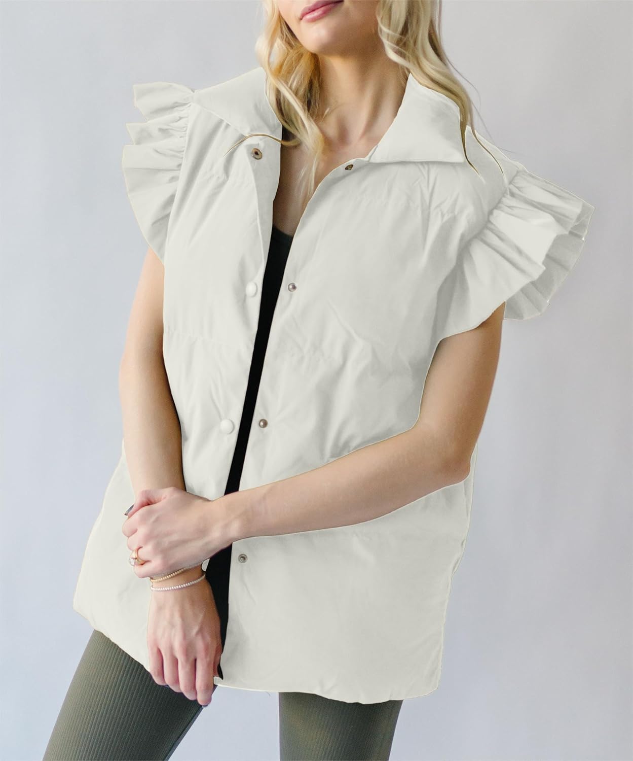 Valphsio Women's Puffer Vests Ruffle Sleeve Winter Button Down Padded Gilet with Pockets - Image 3