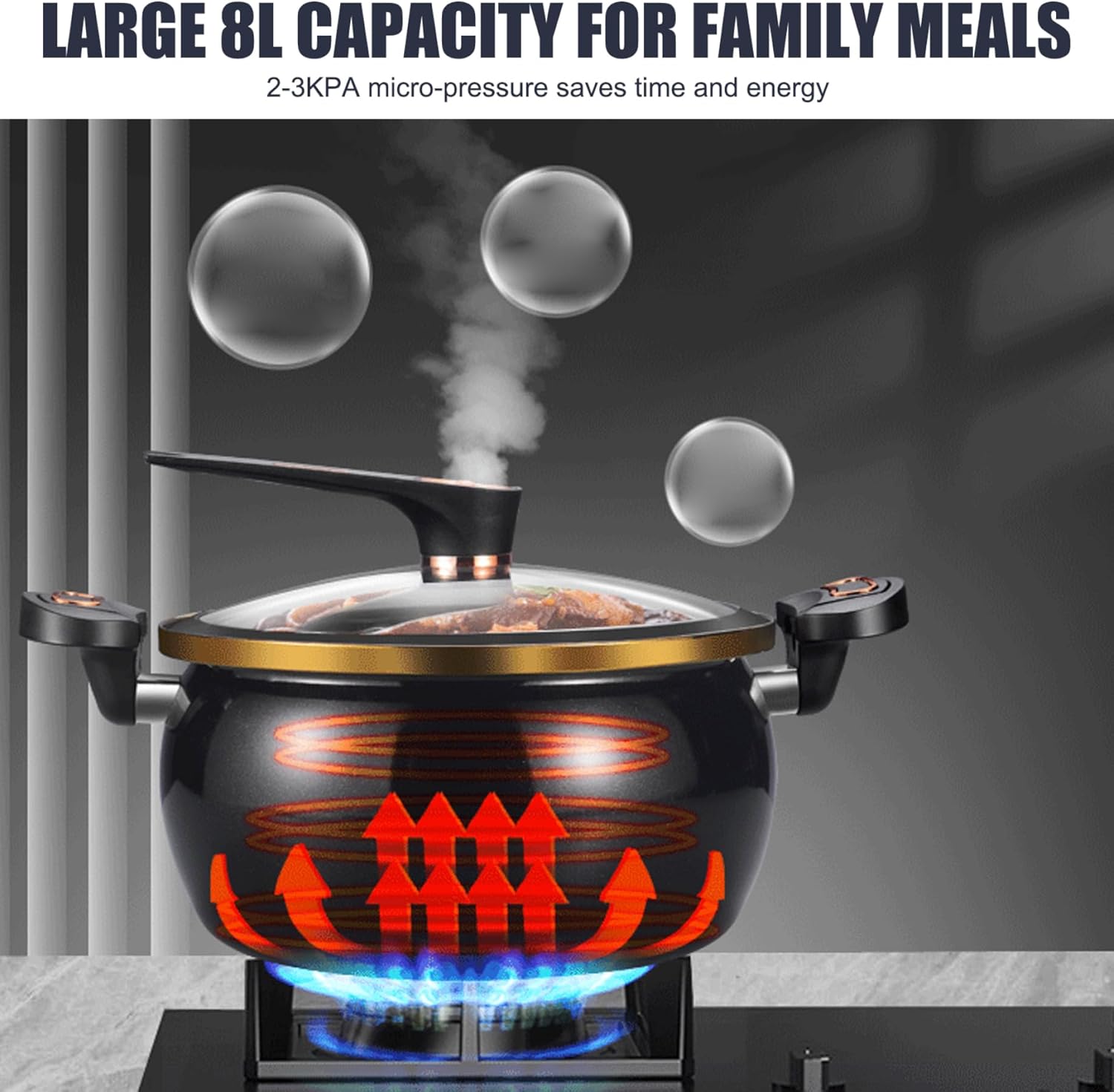 Mini Pressure Cooker, 8L Fast Heating Pressure Pot with Lock Handles, Non-stick Stockpot with Standable See-Through Lid for Gas, Induction, Electric Stoves