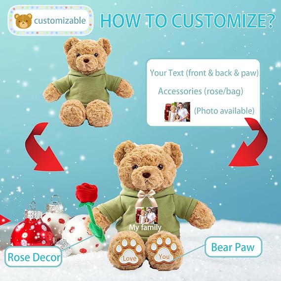 Personalised Teddy Bear for Her Him Bear Plush with Custom Text+Photo, Personalised Gifts Teddy Bear Stuffed as for Valentines Day Christmas Day Birthday (11-IN-Text+Photo)