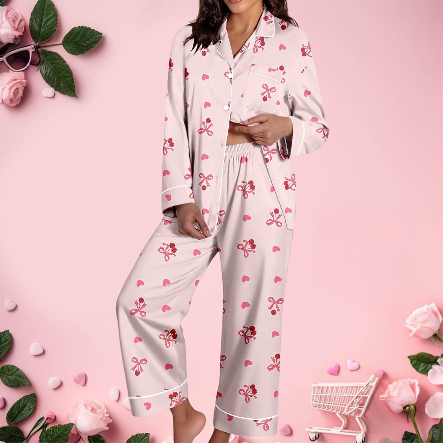 Women Pajamas Sets,Women Pajama Long Sleeve Cute Print Two Pieces Outfits | Pajamas For Women Set Long Sleeve Button Up 2 Piece Shirt With Pants Long Sleeve Comfortable Clothing Women Pajamas Sets Pink
