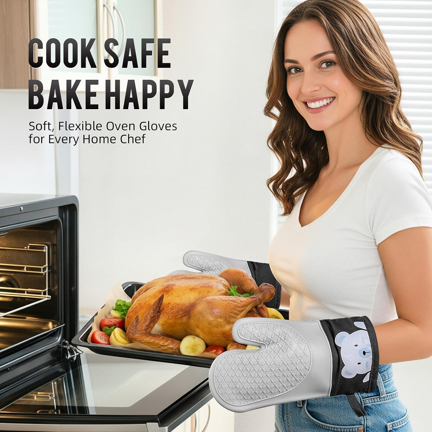 Silicone Oven Mitts Heat Resistant 500F, 2PCS Cute Bear Pattern Kitchen Oven Gloves with Cotton Lining, BPA-Free Baking Gloves - Flexible Non-Slip Grip Kitchen Mitts for Cooking Baking BBQ