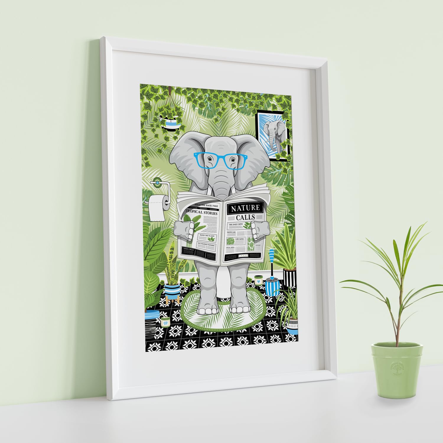 Parmaro Elephant Reading Newspaper Bathroom Print, A4 UNFRAMED Animal Print, Green Botanical Tropical Bathroom Decor - Image 4