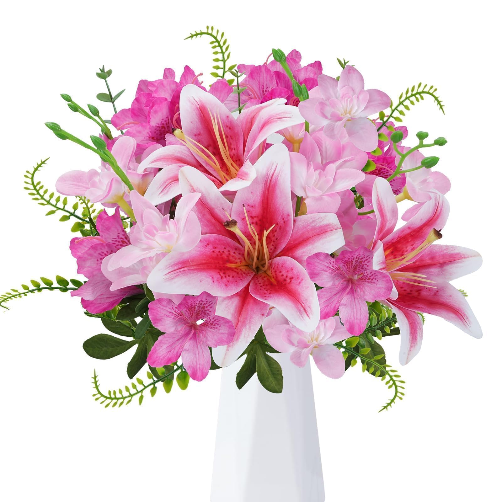 Zythrem Artificial Lilies Flowers Pink Fake Lily Flowers Mix Orchids Faux Spring Flowers Realistic Silk Lily Flower Bouquet for Wedding Party Table Floral Arrangement Home Hotel Office Decoration