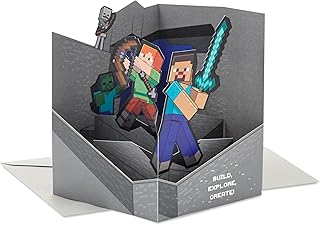 Hallmark Paper Wonder Minecraft Pop-Up Card (Build, Explore, Create) for Birthdays, Graduations, Kids, Gamers