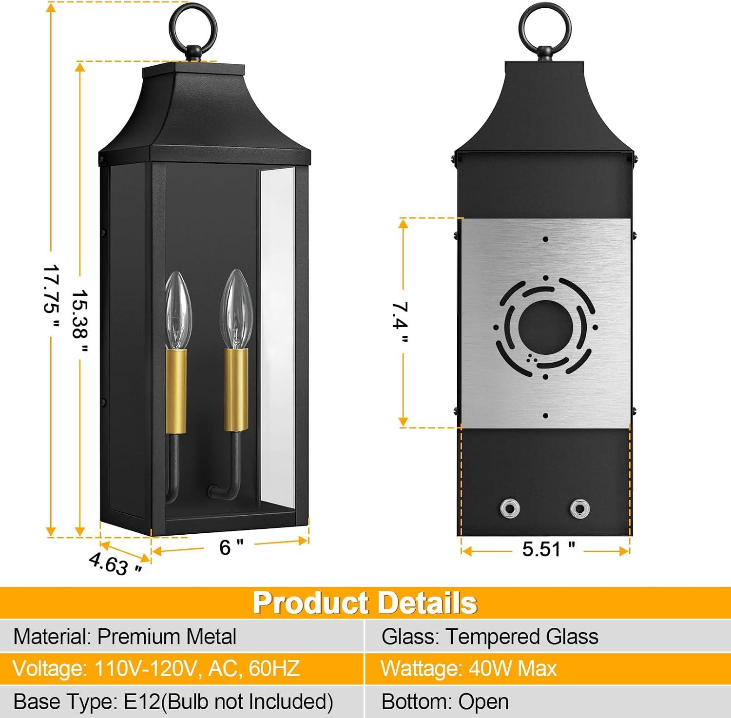 18" Outdoor Wall Light Fixtures 2-Pack, Black Outside Sconce Lights image 3