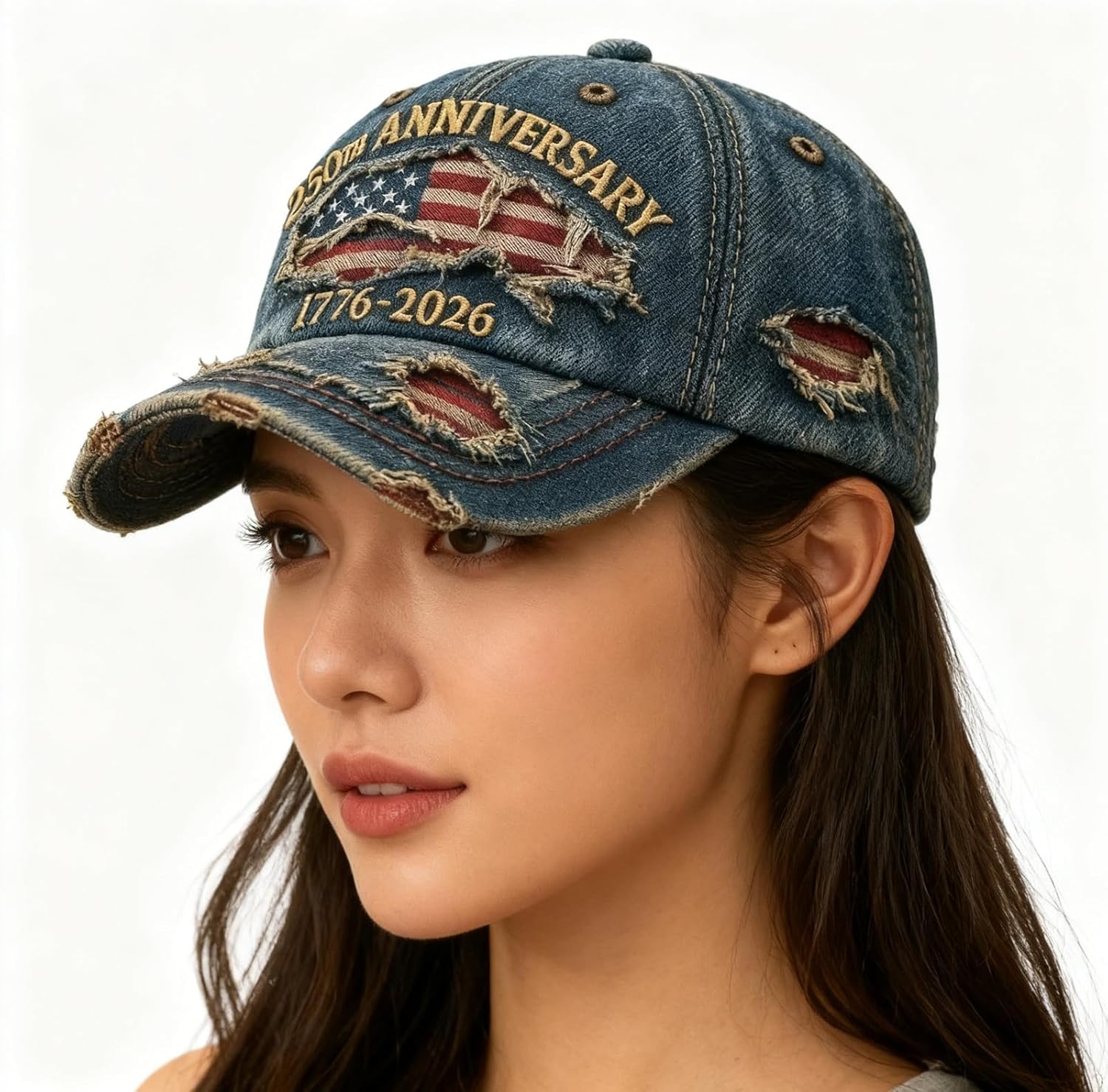 250th US Anniversary Distressed Denim Hat – 1776–2026 Embroidered Patriotic Baseball Cap, Adjustable Metal Buckle - Image 2