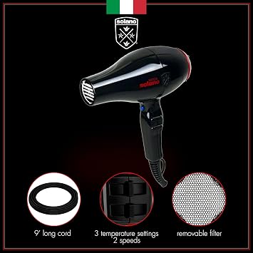 Solano Moda Fast Drying 2-Speed Ionic Hair Dryer -1750 Watt + Internal Silencer + Far Infrared Heat - Smoothing Without Sacrificing Body or Bounce - Italian-Made