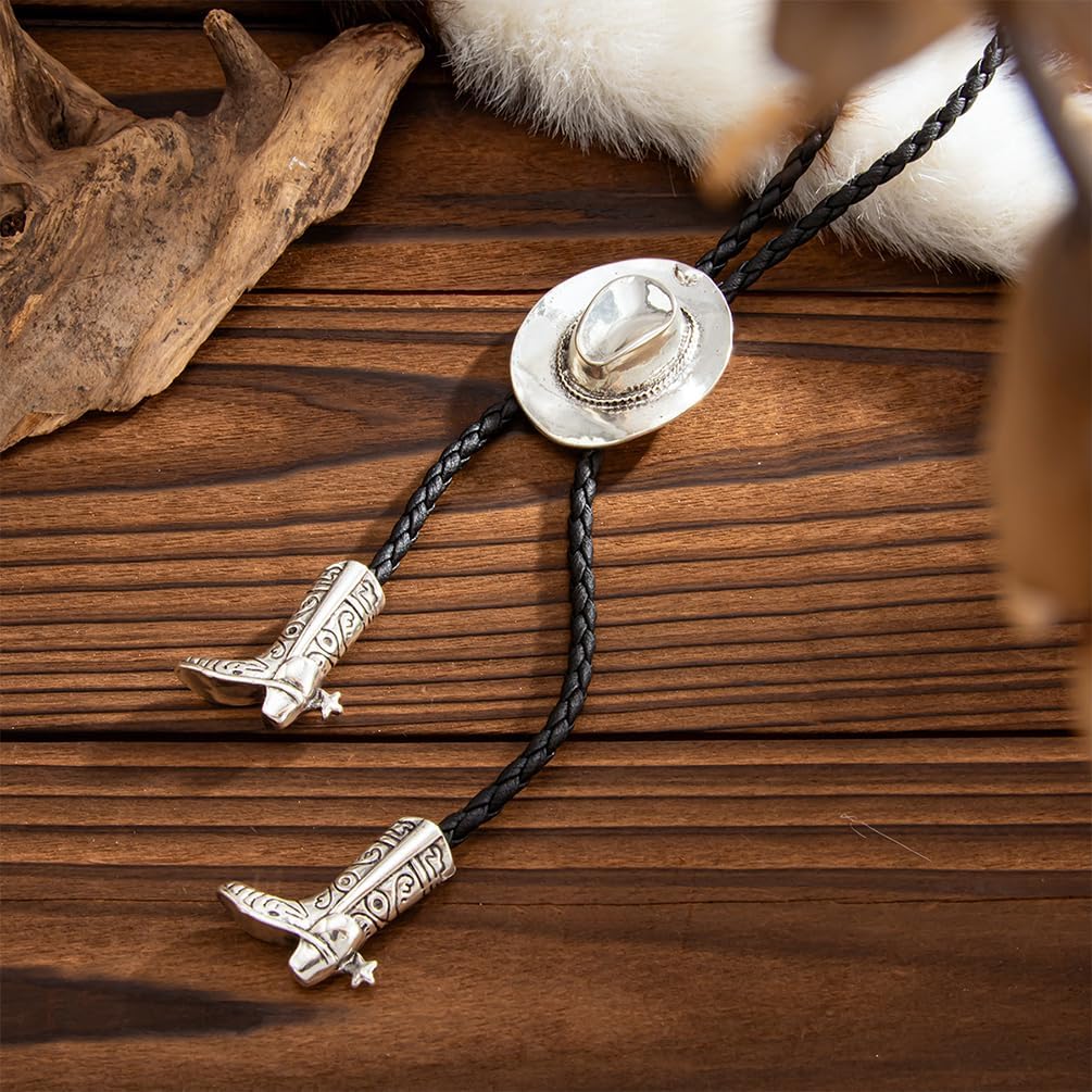 Vintage Bolo Tie Long Necklace for Women Retro Cowboy Hat Boots Pendant Black Rope Collar Necklace Party Ethnic Western Jewelry Costume Accessories - Image 5
