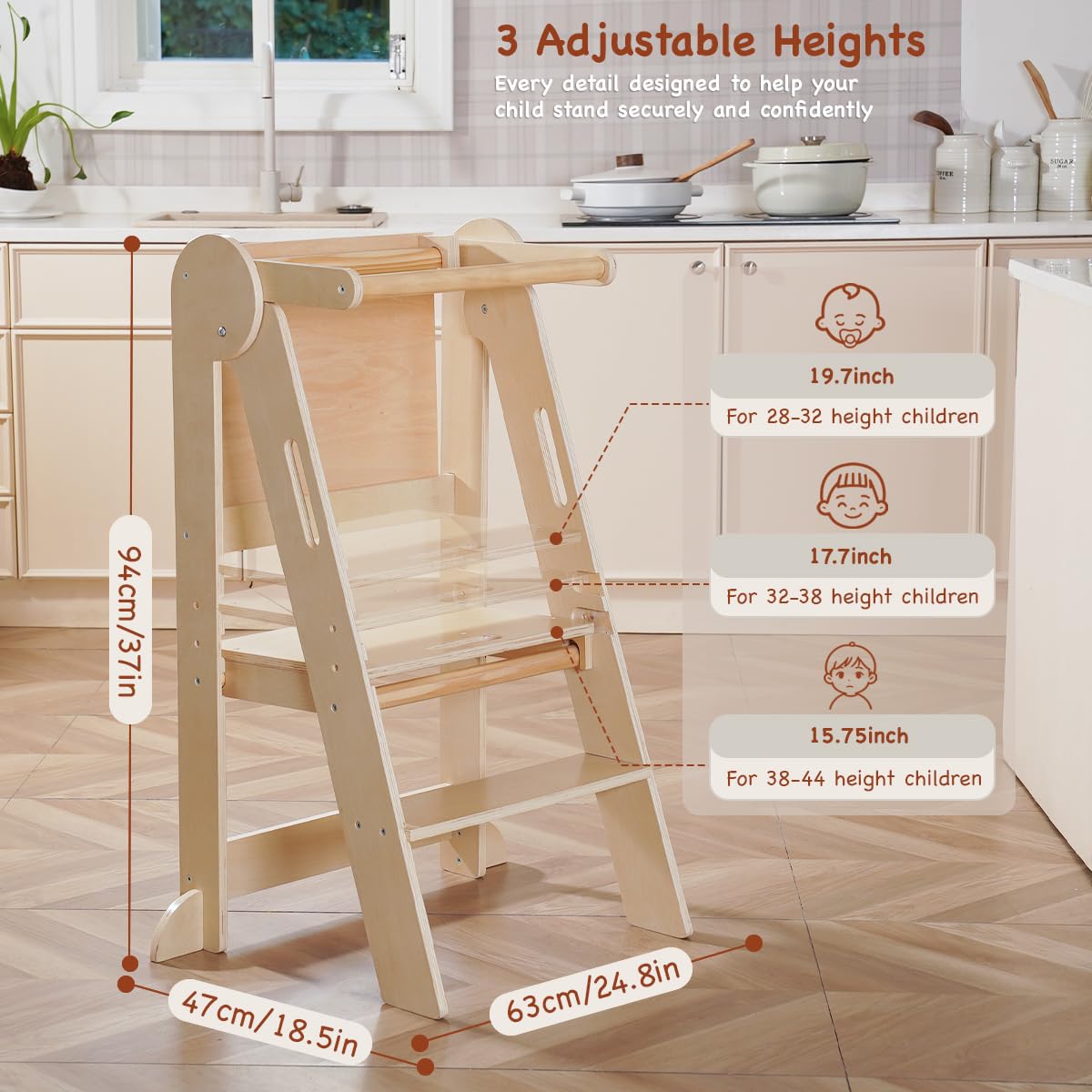 Montessori Torre de Aprendizaje Plegable para Niños, Madera con Pizarra y Barra de Seguridad