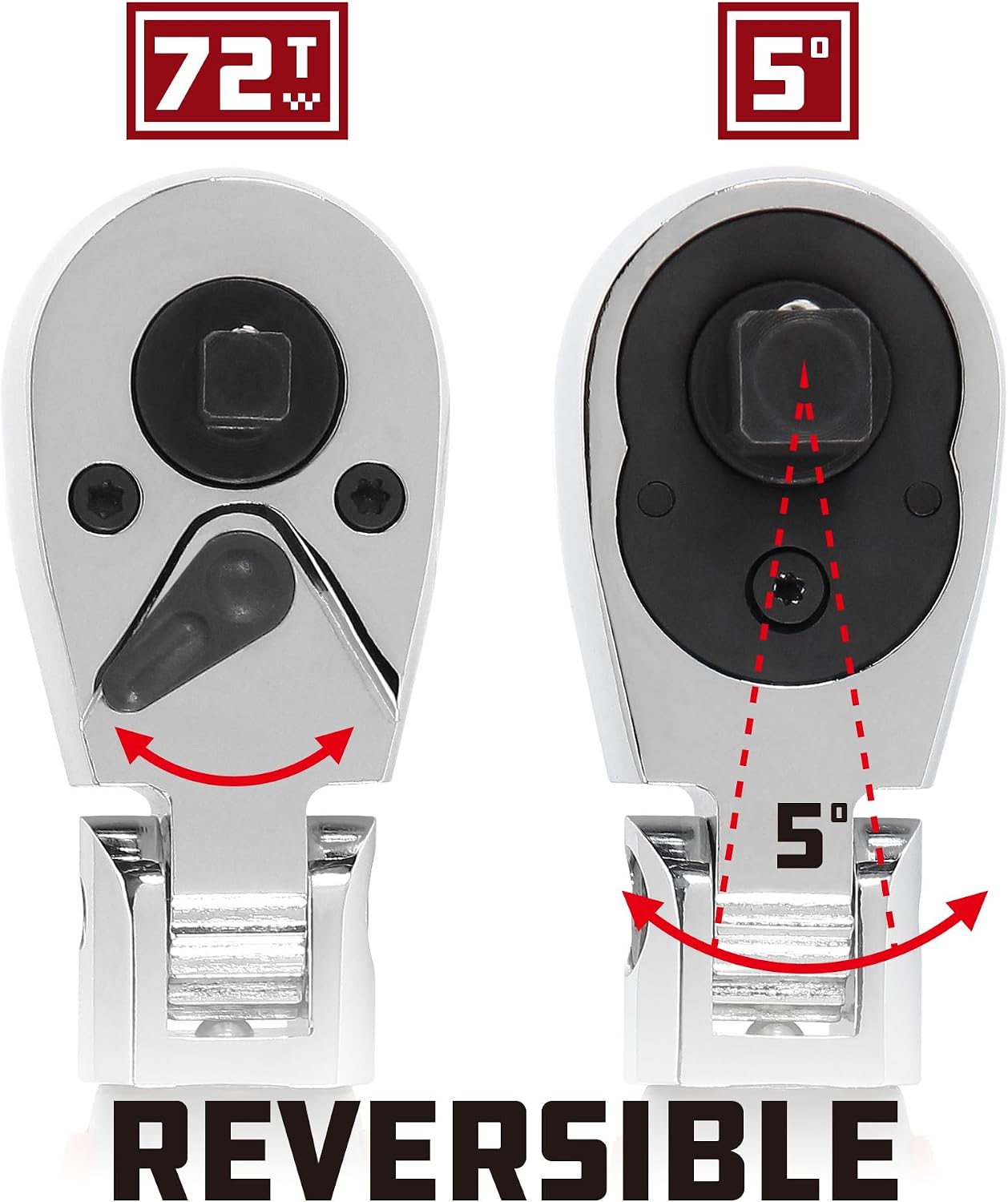 Powerbuilt 1/4 Inch and 3/8 Inch Dual Drive Flex Head Ratchet, Chrome Vanadium Steel, Compact for Tight Spaces, 72 Tooth, Reversible Switch, 5 Degree Swing, Comfort Handle - 643163GCT