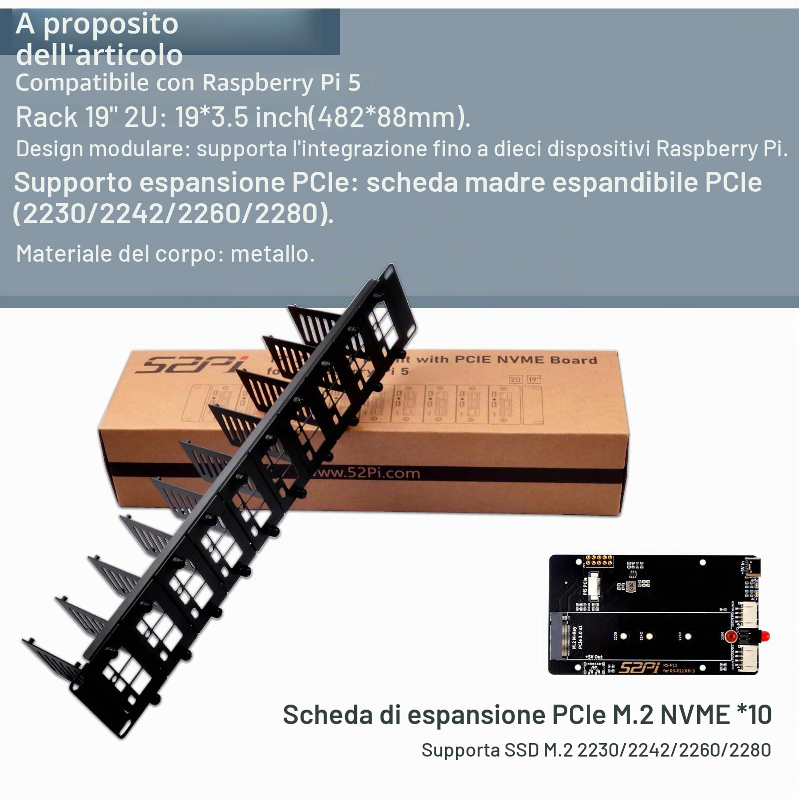 GeeekPi Supporto rack 2U da 19" per Raspberry Pi 5, con 10 adattatori SSD PCIe a M.2 NVMe, può contenere fino a 10 schede Raspberry Pi 5/4B, compatibile con server rack da 19"